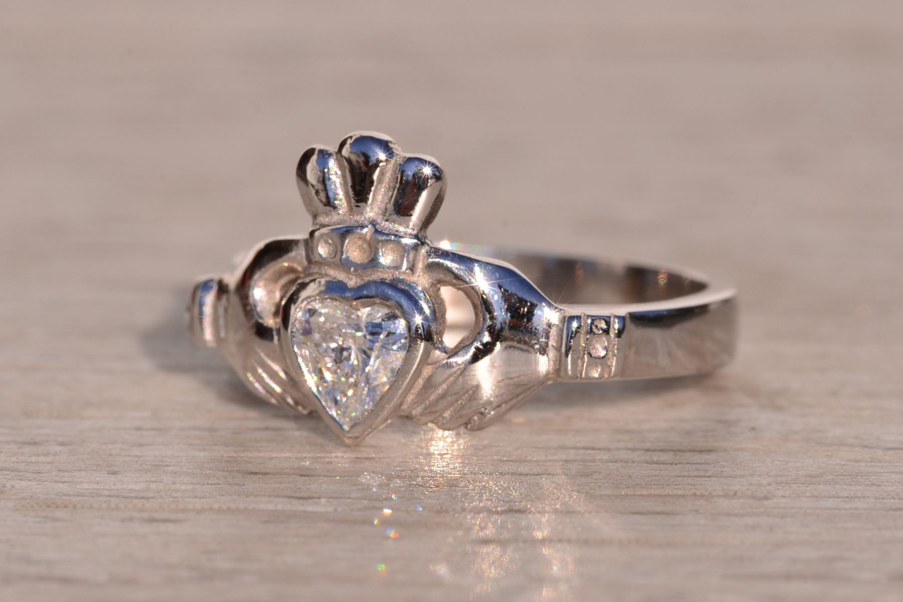 SOLD - The 1st Avenue: White Gold Claddagh Ring with Heart Shaped Diamond Center - Image 3