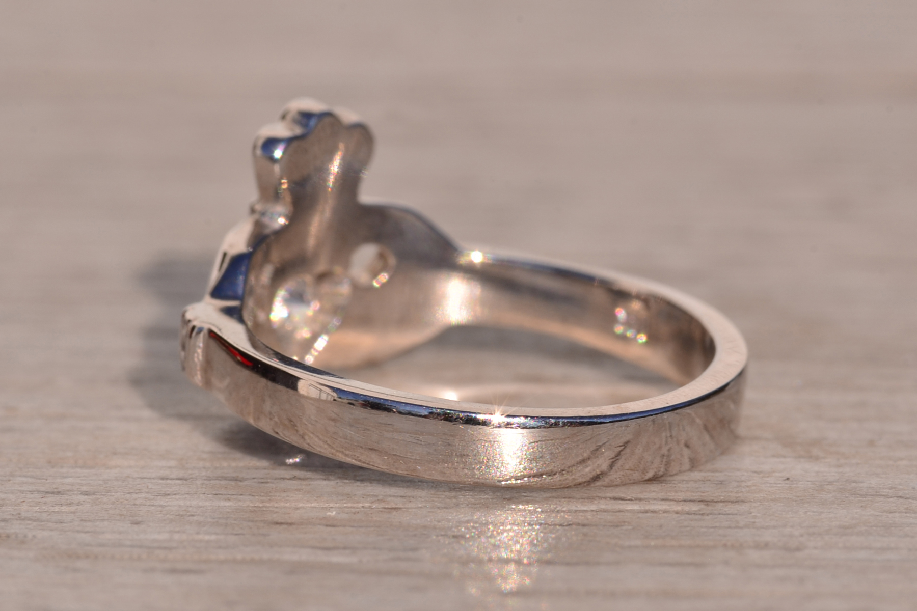 SOLD - The 1st Avenue: White Gold Claddagh Ring with Heart Shaped Diamond Center - Image 4
