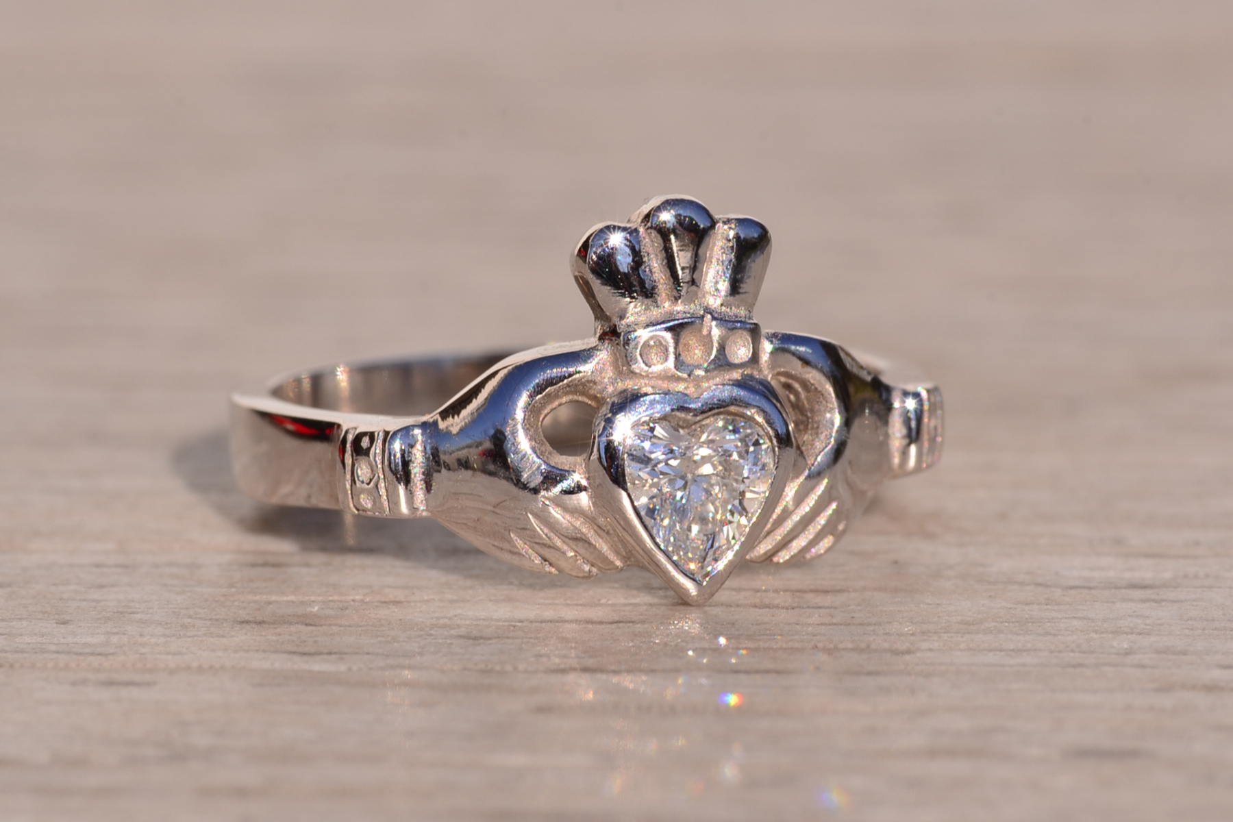 SOLD - The 1st Avenue: White Gold Claddagh Ring with Heart Shaped Diamond Center - Image 6