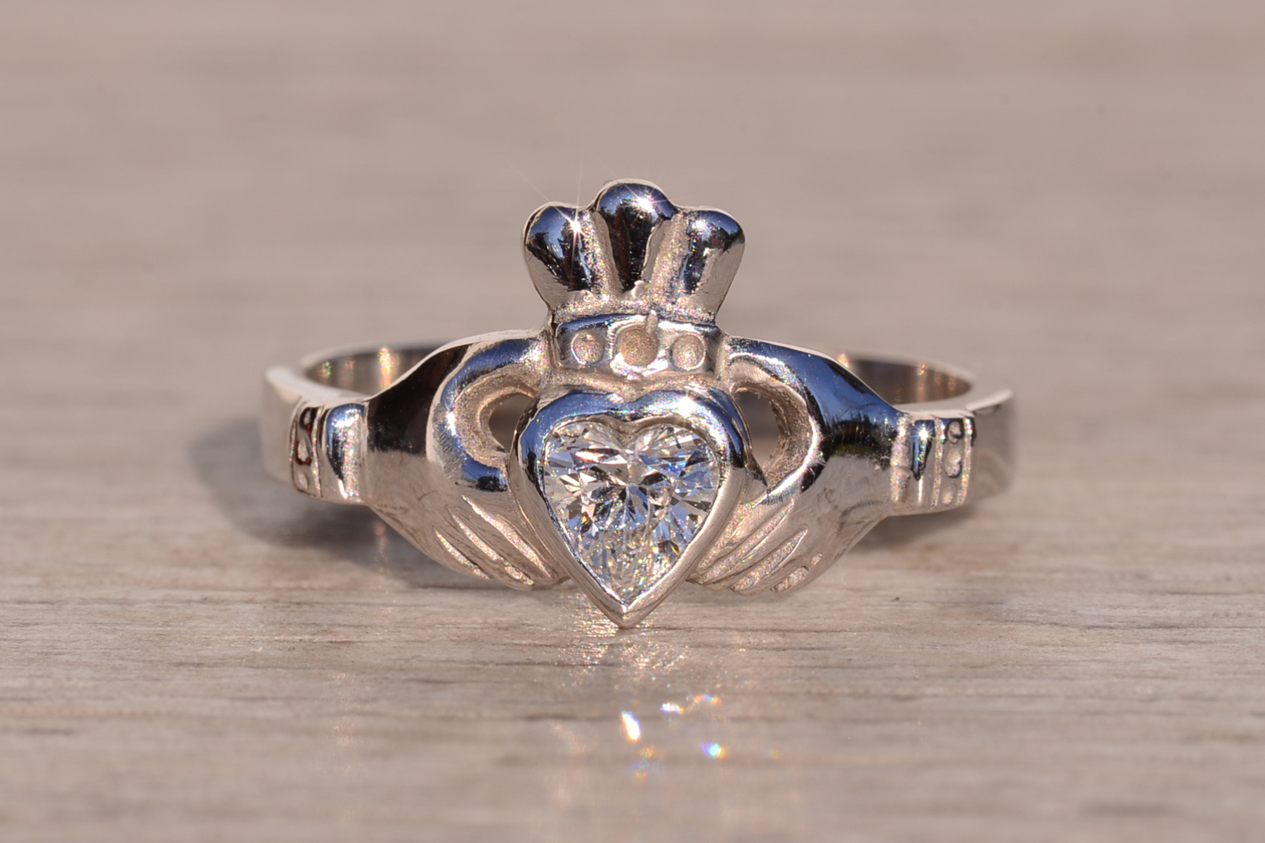 SOLD - The 1st Avenue: White Gold Claddagh Ring with Heart Shaped Diamond Center - Image 7