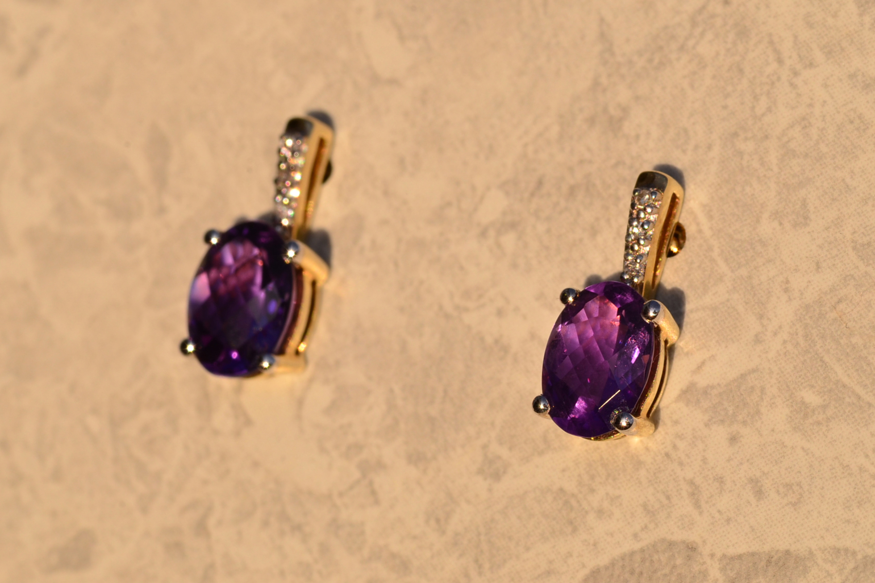 The 68th Avenue: Amethyst and Diamond Dangler Earrings in Yellow Gold - Image 3