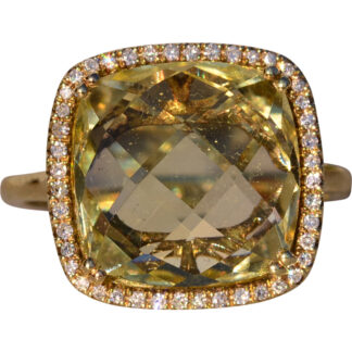 The 38th Avenue: Checkerboard Cut Lemon Citrine and Diamond Halo Ring in Yellow Gold