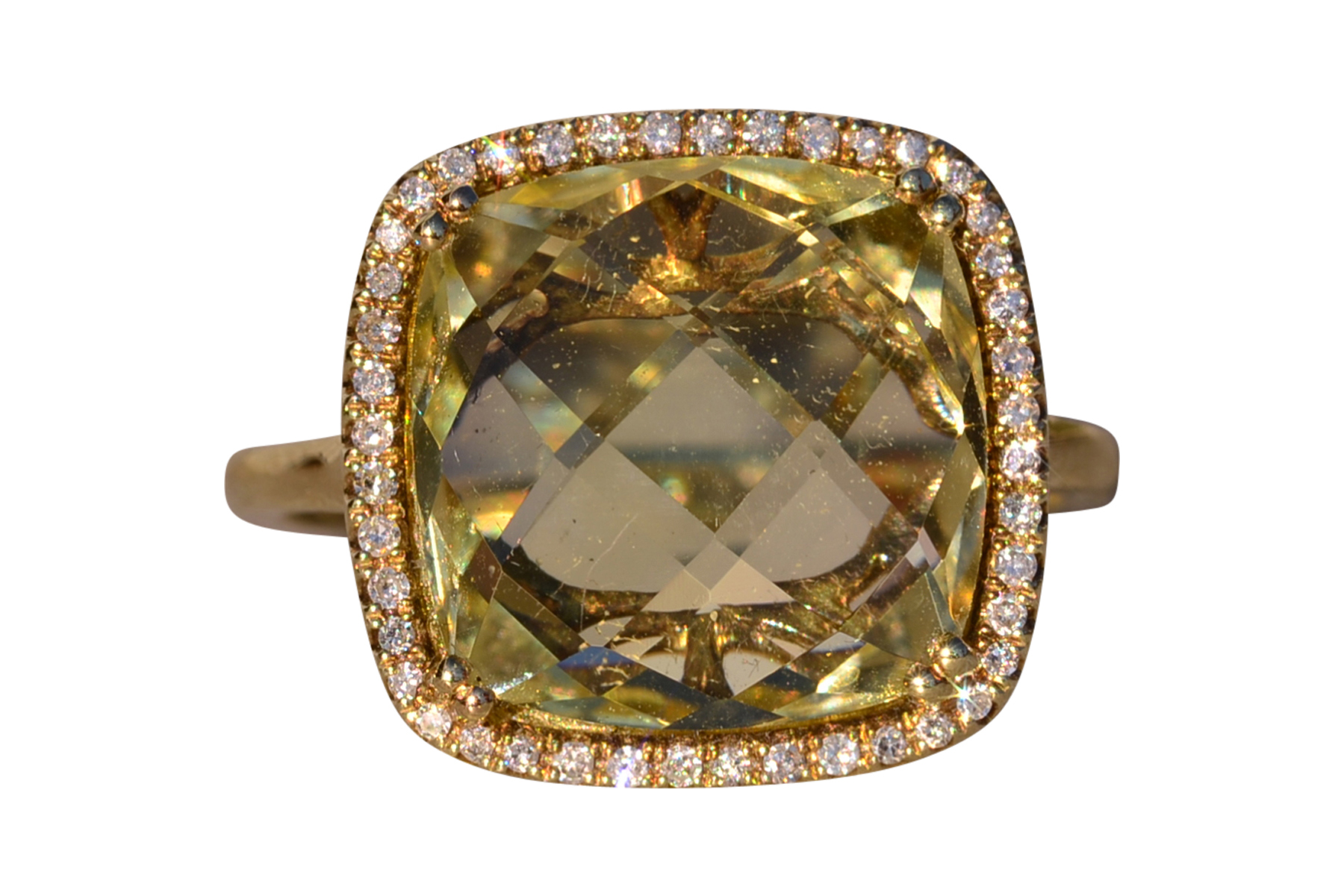 The 38th Avenue: Checkerboard Cut Lemon Citrine and Diamond Halo Ring in Yellow Gold