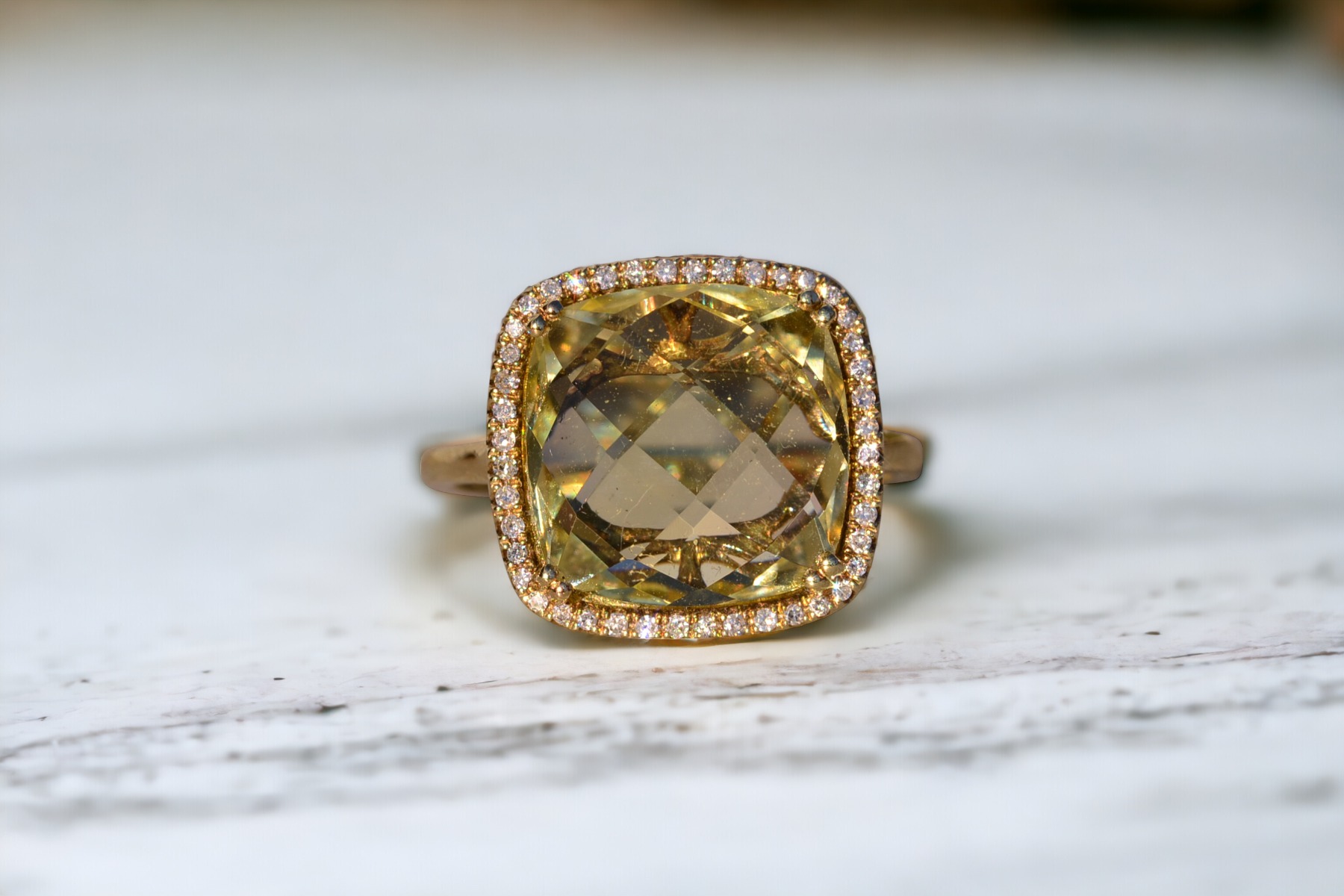 The 38th Avenue: Checkerboard Cut Lemon Citrine and Diamond Halo Ring in Yellow Gold - Image 11