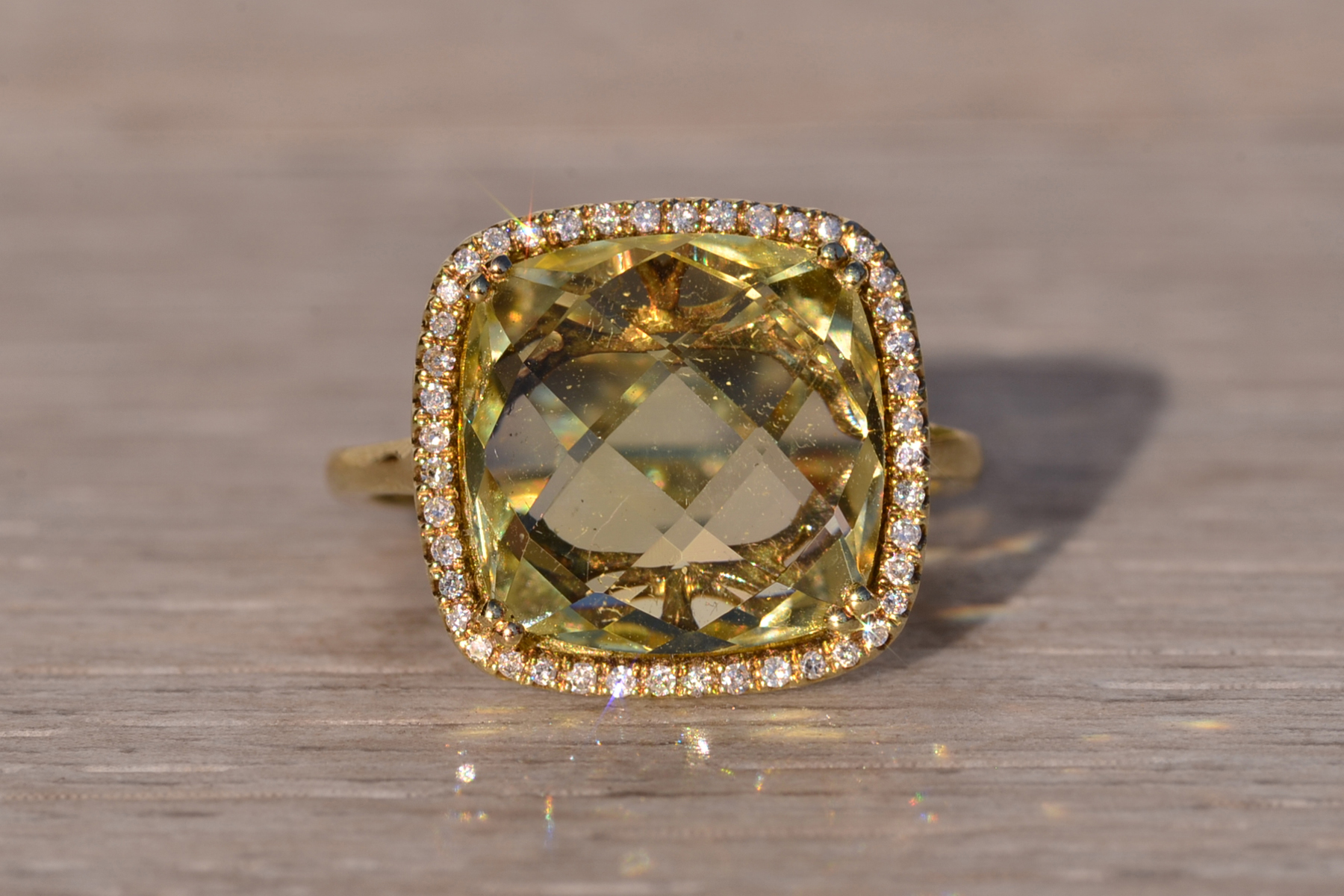The 38th Avenue: Checkerboard Cut Lemon Citrine and Diamond Halo Ring in Yellow Gold - Image 2