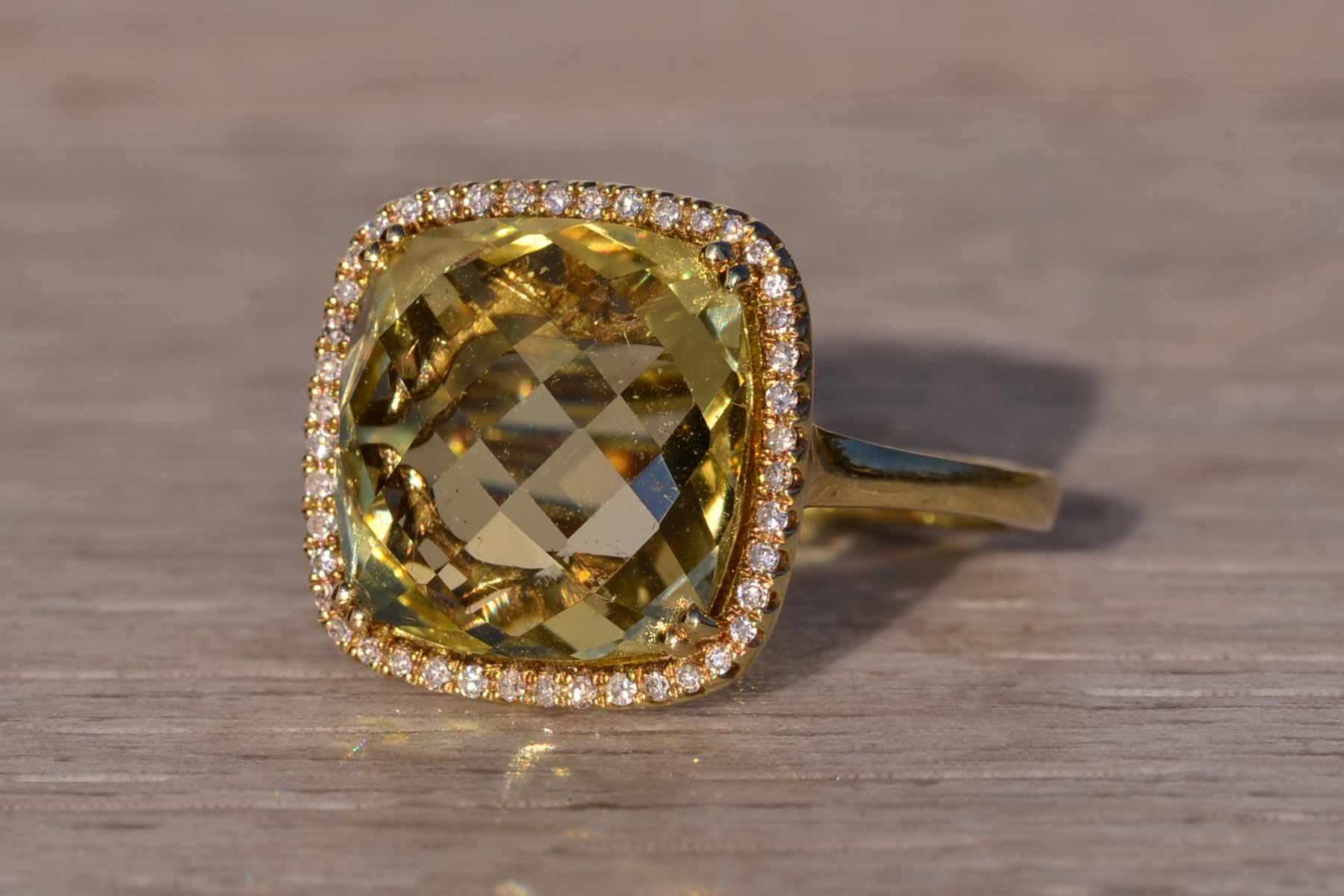 The 38th Avenue: Checkerboard Cut Lemon Citrine and Diamond Halo Ring in Yellow Gold - Image 3