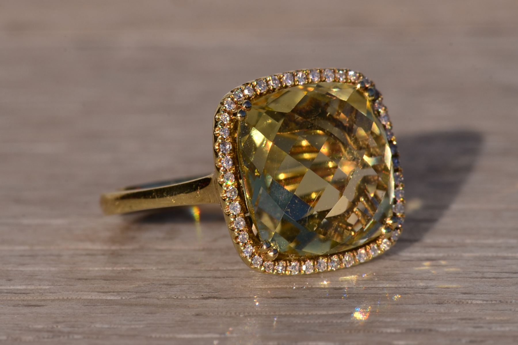 The 38th Avenue: Checkerboard Cut Lemon Citrine and Diamond Halo Ring in Yellow Gold - Image 6
