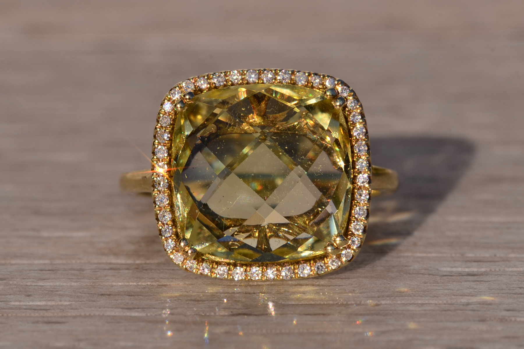 The 38th Avenue: Checkerboard Cut Lemon Citrine and Diamond Halo Ring in Yellow Gold - Image 7