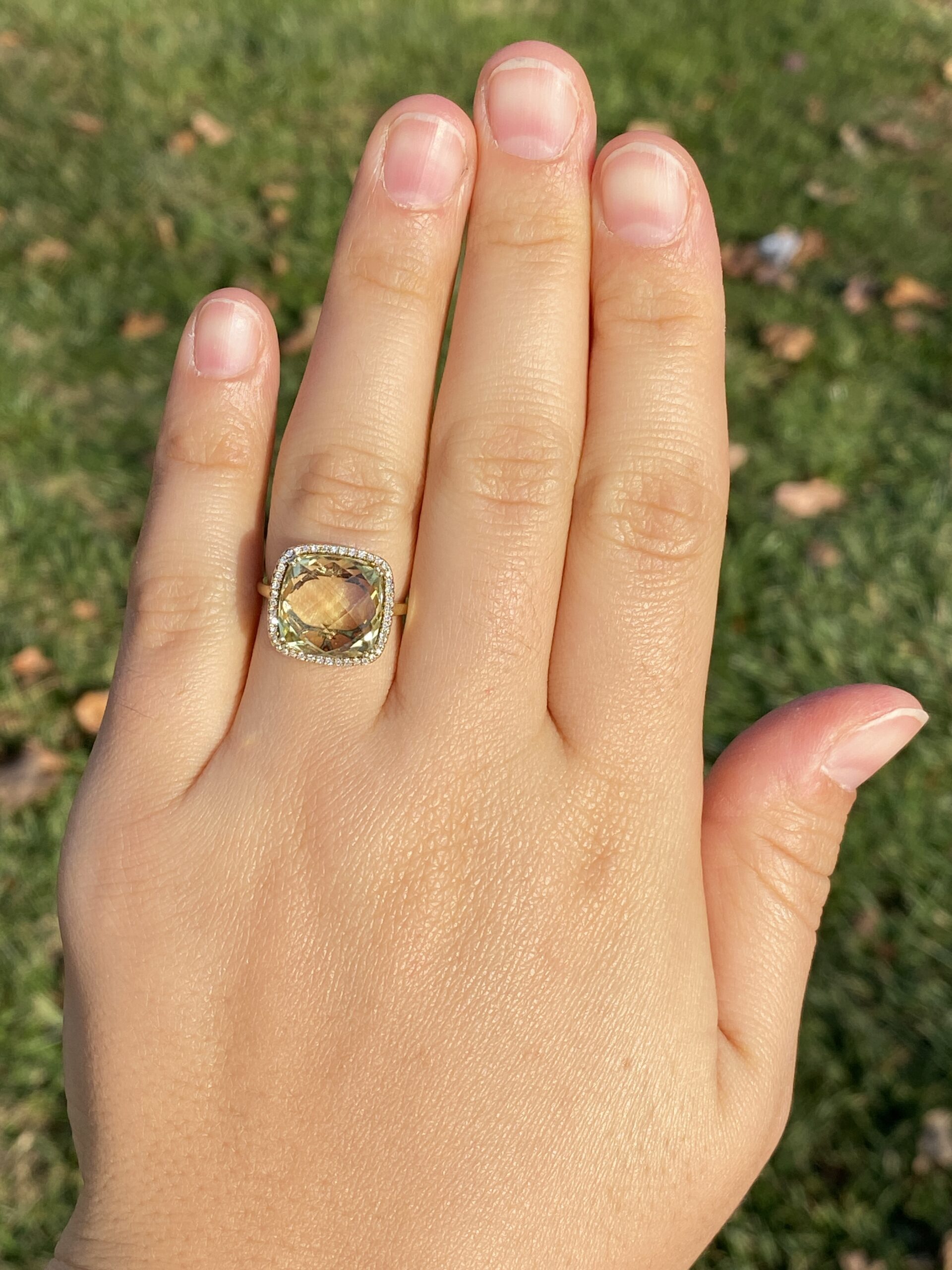 The 38th Avenue: Checkerboard Cut Lemon Citrine and Diamond Halo Ring in Yellow Gold - Image 8