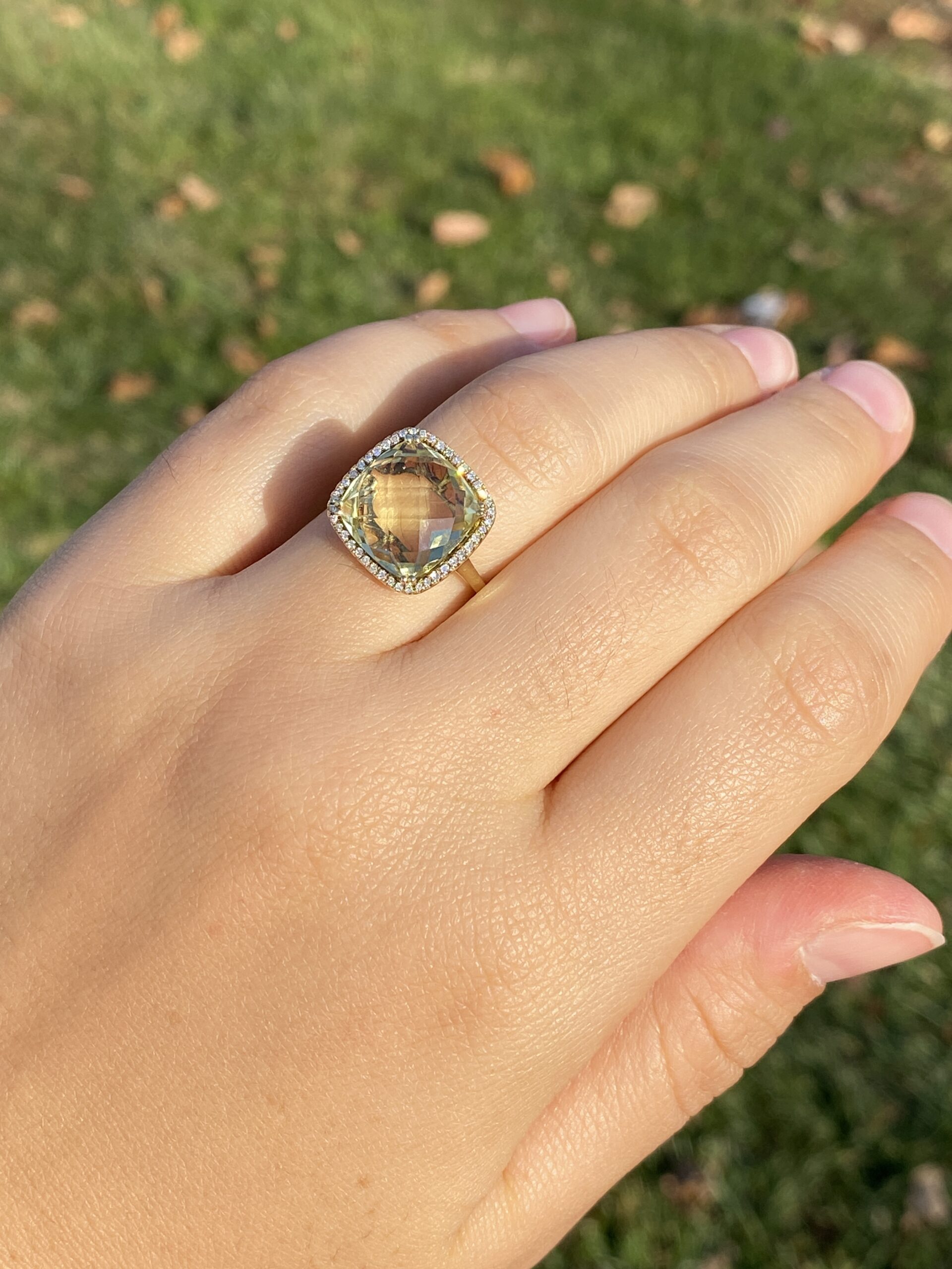 The 38th Avenue: Checkerboard Cut Lemon Citrine and Diamond Halo Ring in Yellow Gold - Image 9