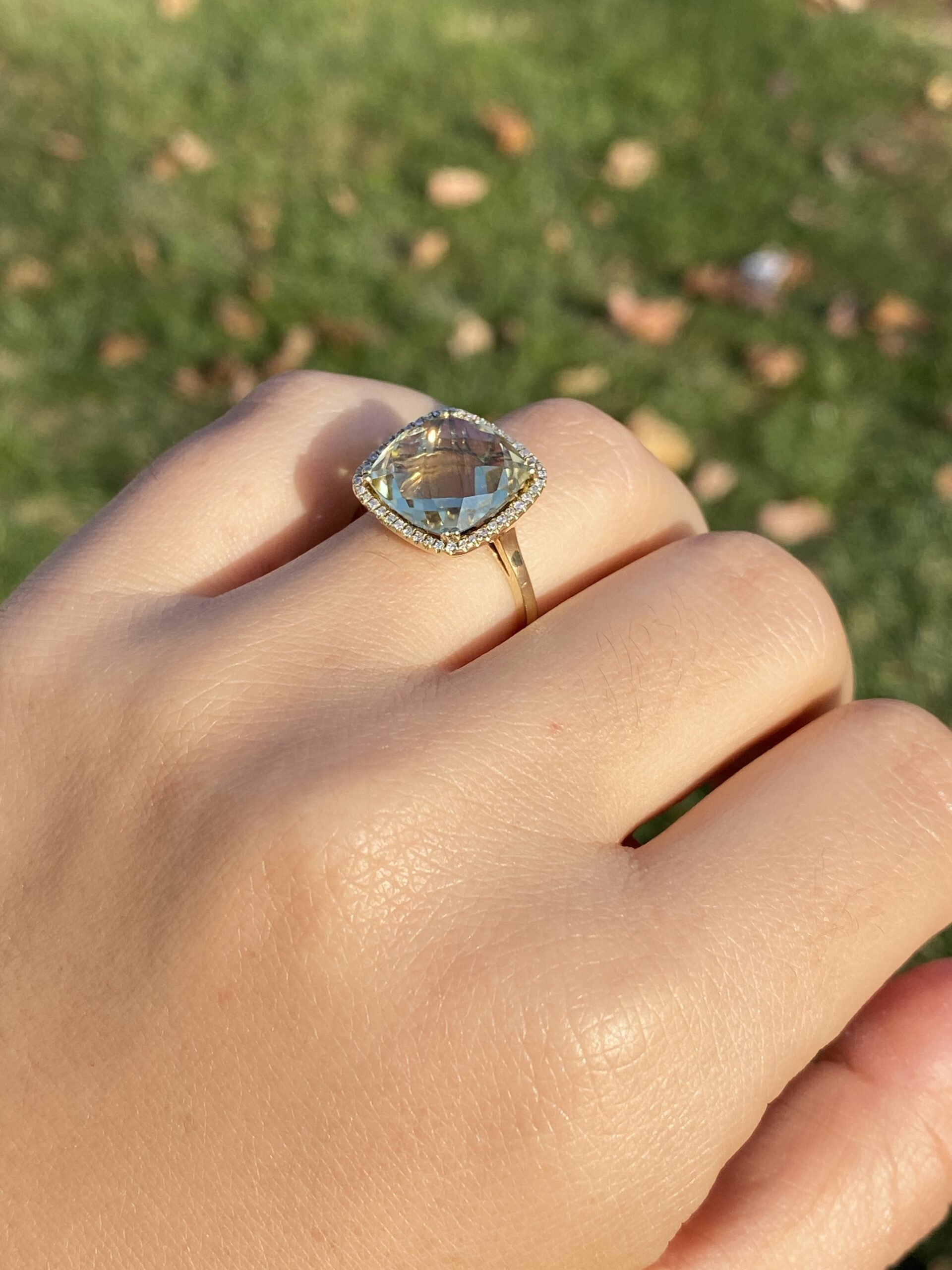 The 38th Avenue: Checkerboard Cut Lemon Citrine and Diamond Halo Ring in Yellow Gold - Image 10