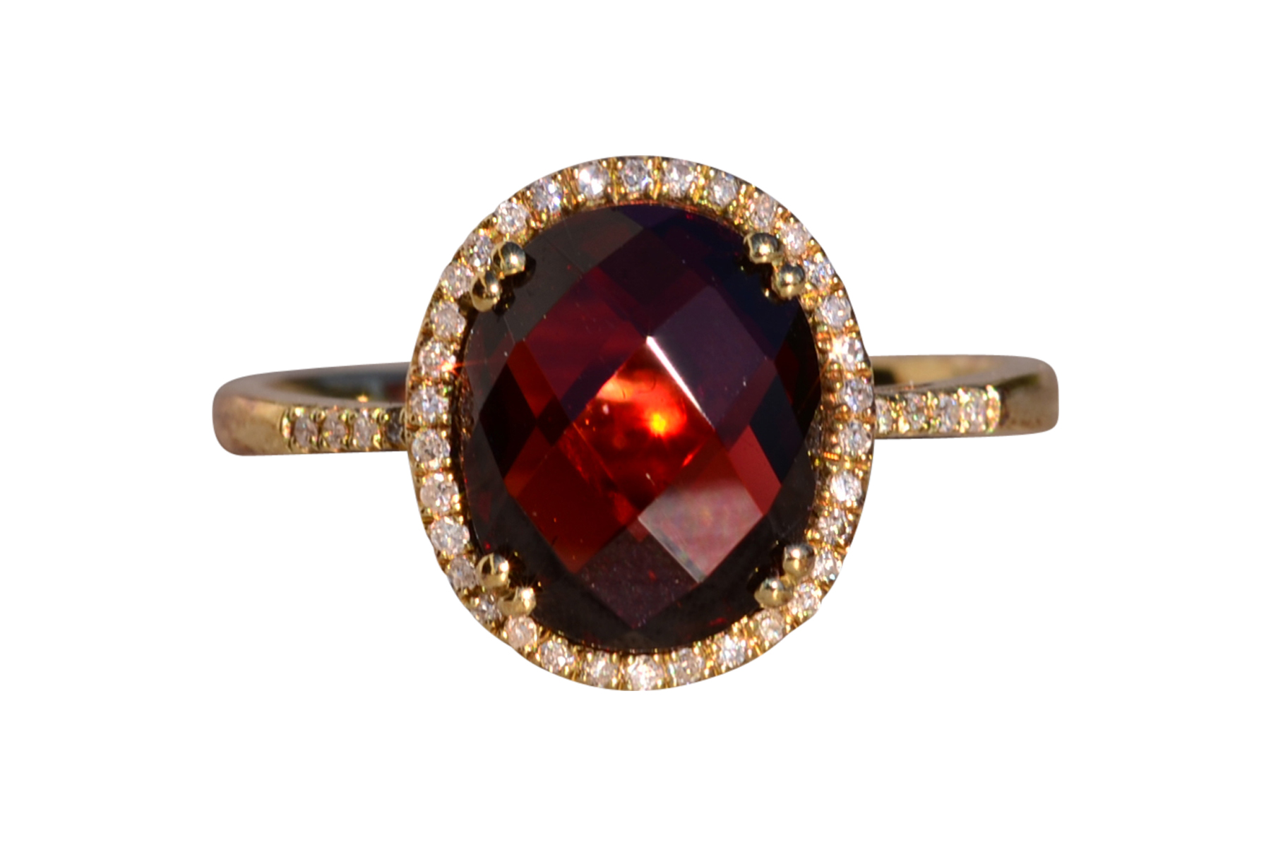 SOLD - The 51st Avenue: Oval Checkerboard Cut Garnet and Diamond Halo Ring
