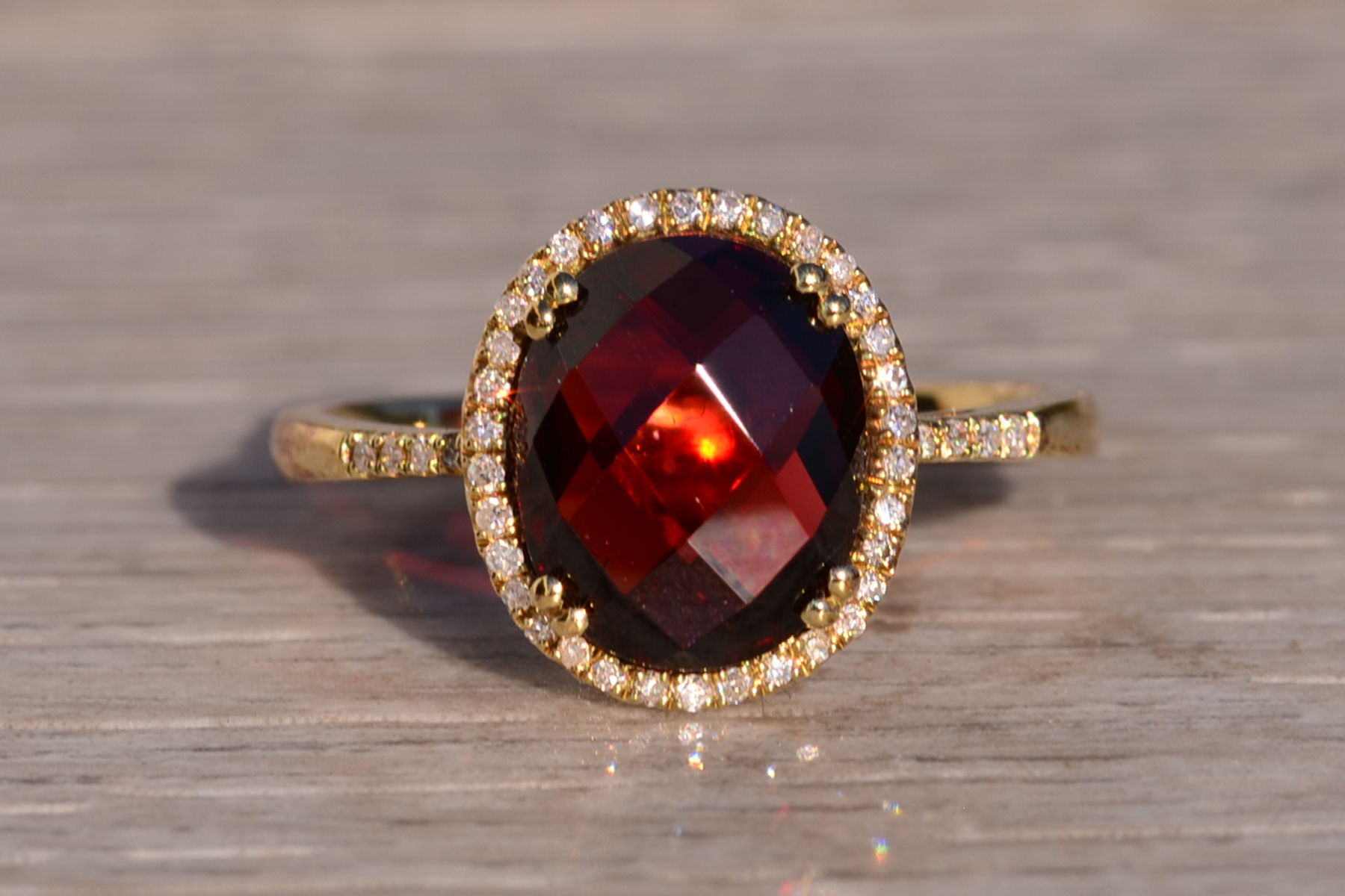 SOLD - The 51st Avenue: Oval Checkerboard Cut Garnet and Diamond Halo Ring - Image 2