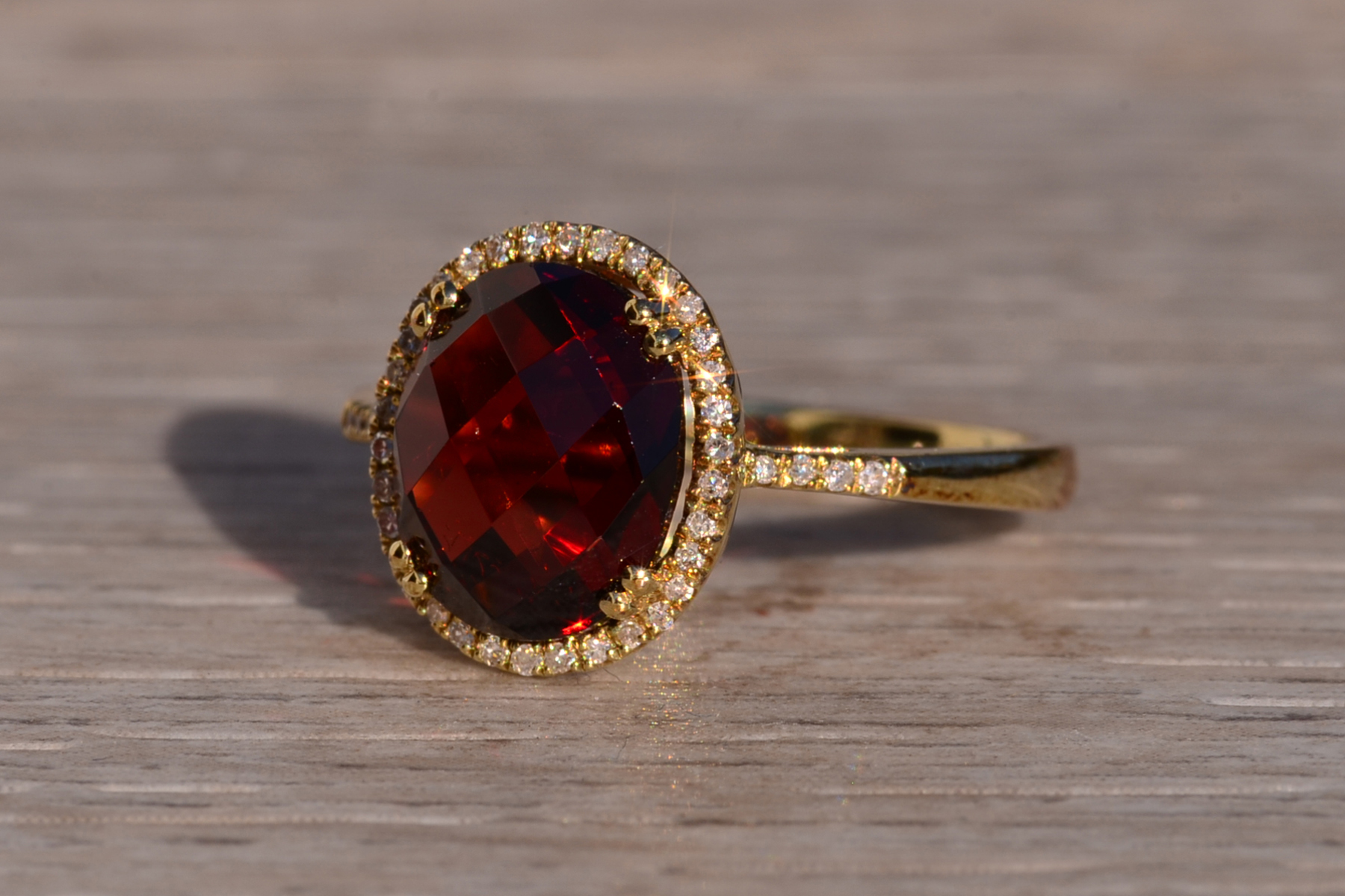SOLD - The 51st Avenue: Oval Checkerboard Cut Garnet and Diamond Halo Ring - Image 3