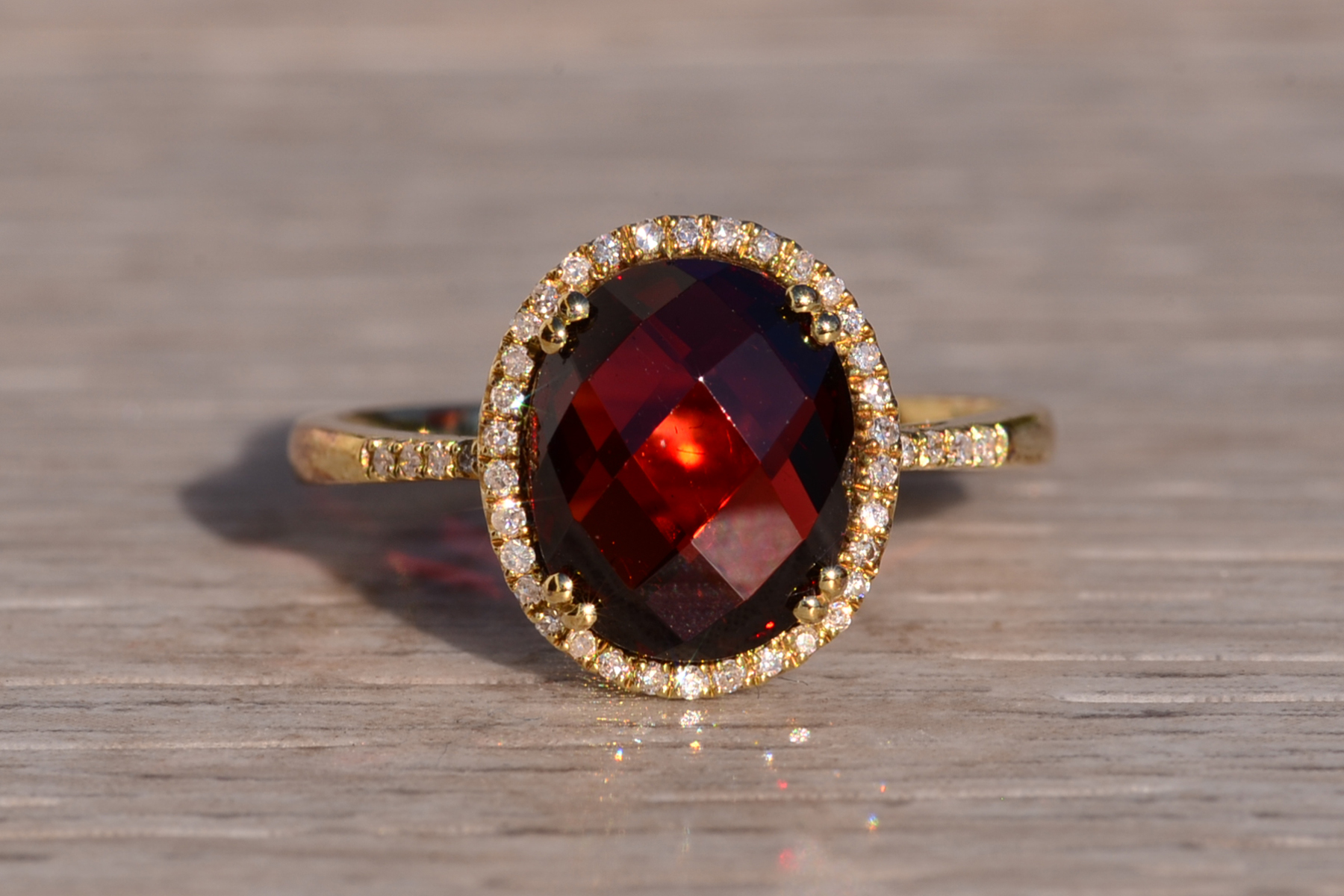SOLD - The 51st Avenue: Oval Checkerboard Cut Garnet and Diamond Halo Ring - Image 7