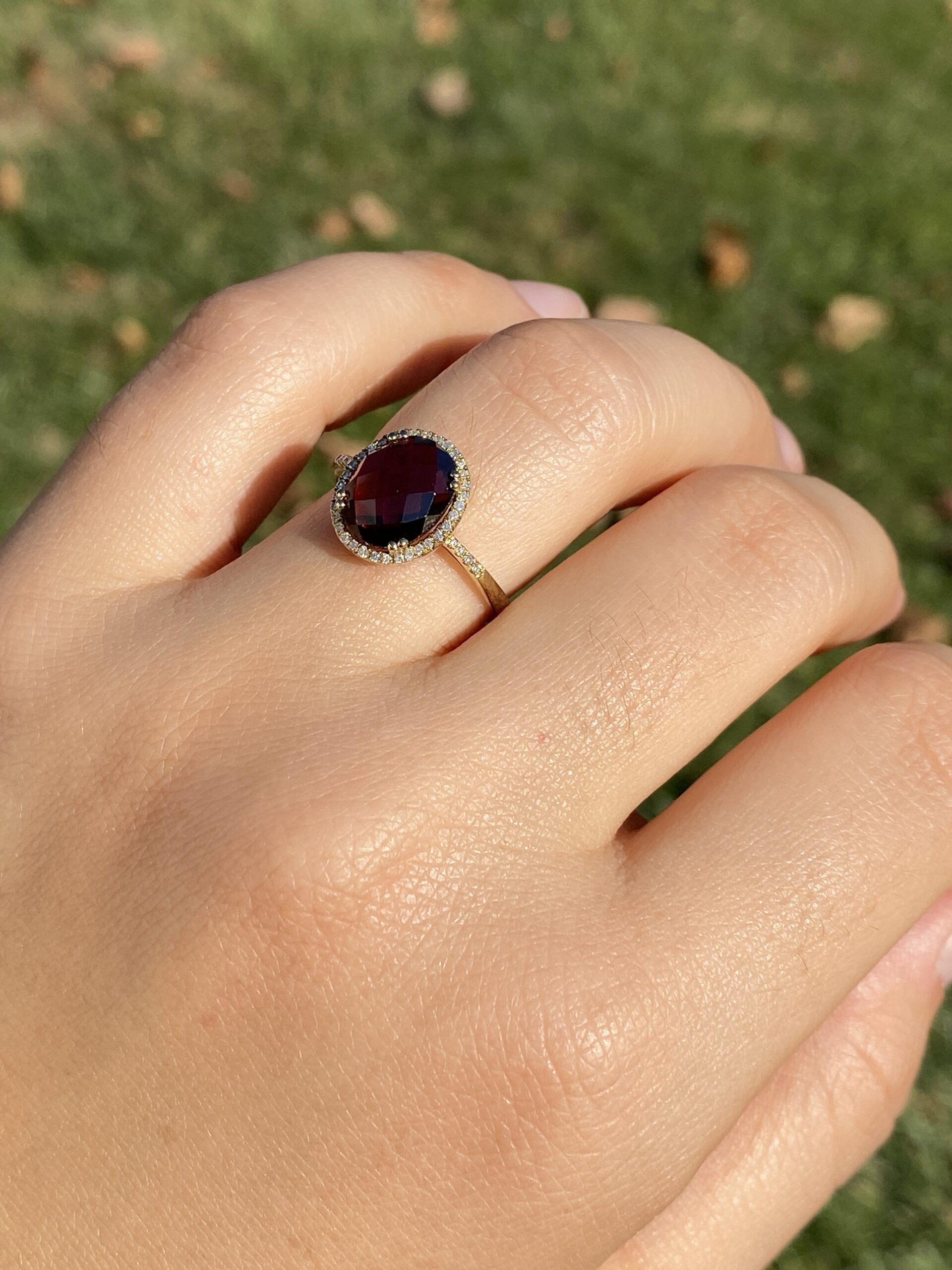 SOLD - The 51st Avenue: Oval Checkerboard Cut Garnet and Diamond Halo Ring - Image 9