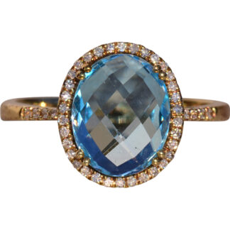 The 58th Avenue: Oval Checkerboard Cut Sky Blue Topaz and Diamond Halo Ring