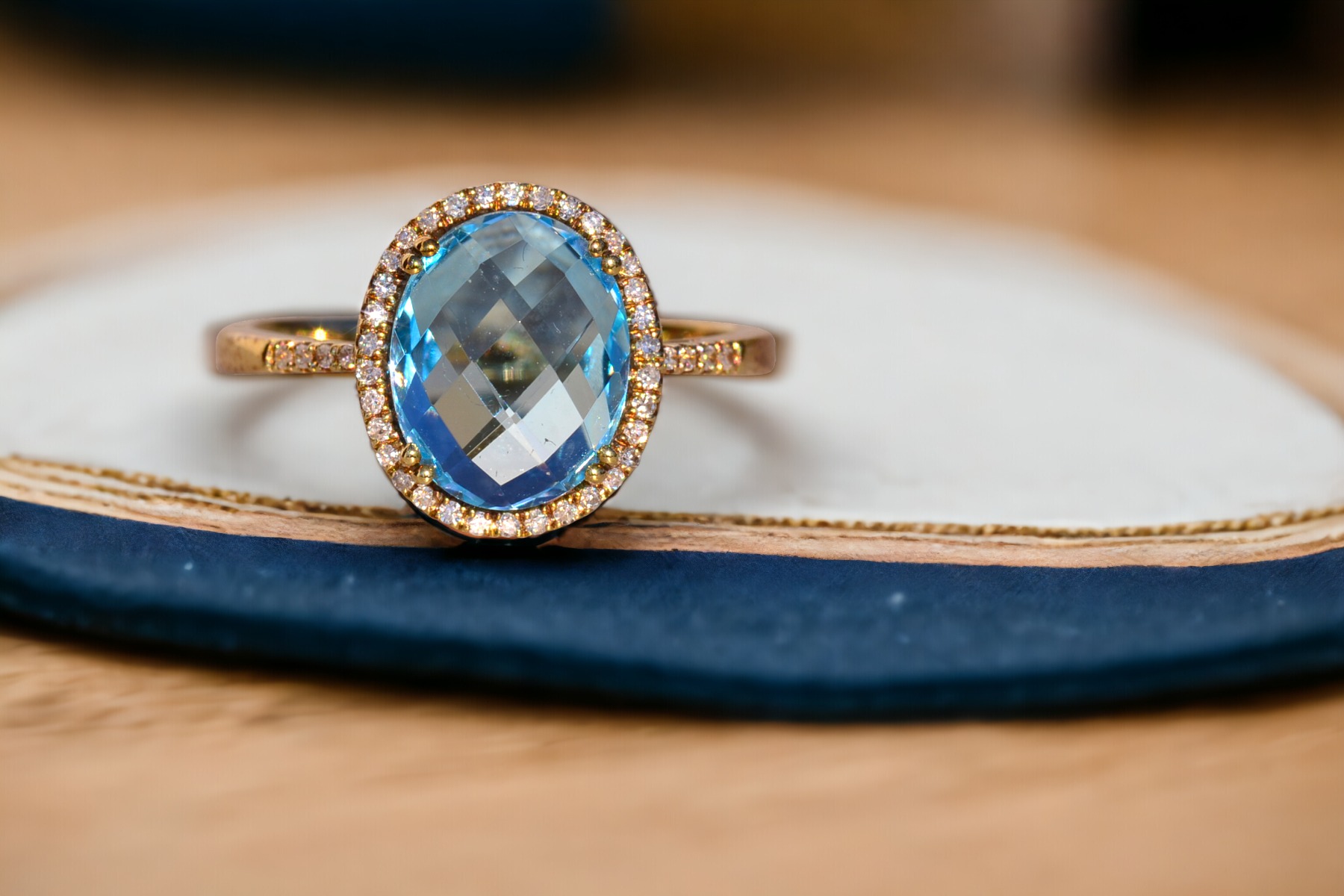 The 58th Avenue: Oval Checkerboard Cut Sky Blue Topaz and Diamond Halo Ring - Image 11