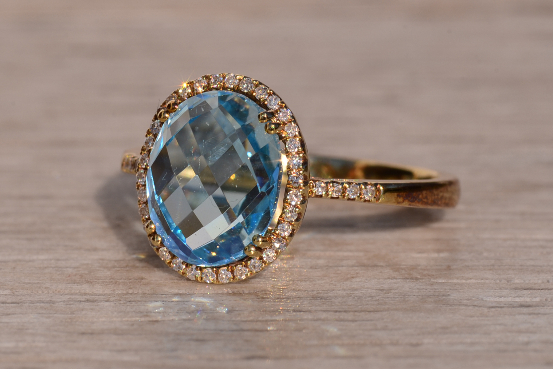 The 58th Avenue: Oval Checkerboard Cut Sky Blue Topaz and Diamond Halo Ring - Image 3