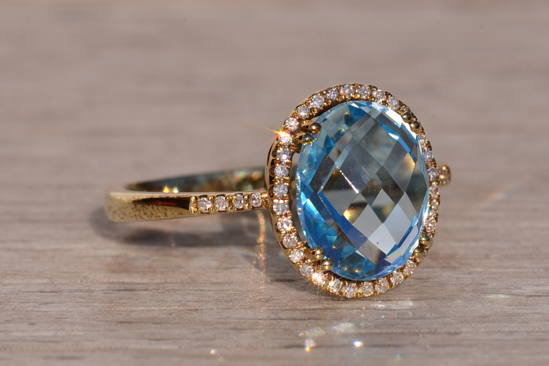 The 58th Avenue: Oval Checkerboard Cut Sky Blue Topaz and Diamond Halo Ring - Image 6