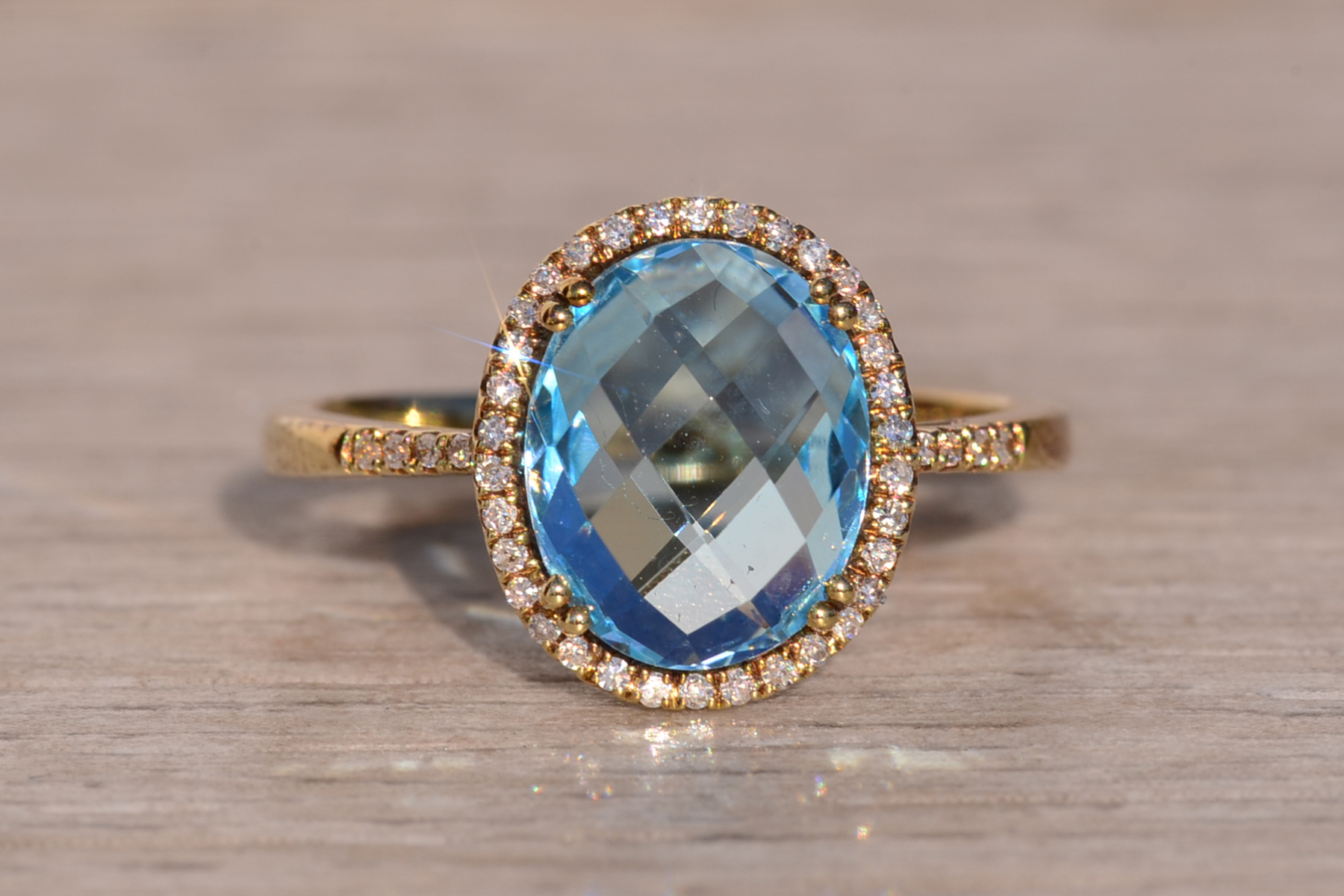 The 58th Avenue: Oval Checkerboard Cut Sky Blue Topaz and Diamond Halo Ring - Image 7