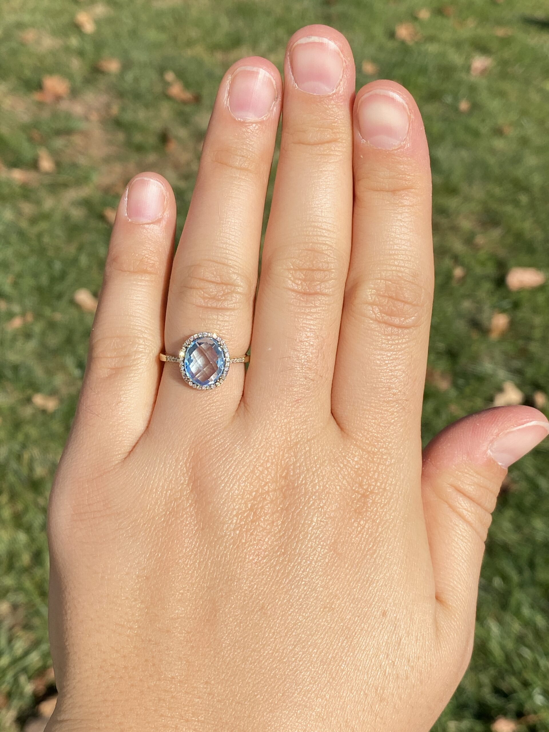 The 58th Avenue: Oval Checkerboard Cut Sky Blue Topaz and Diamond Halo Ring - Image 8