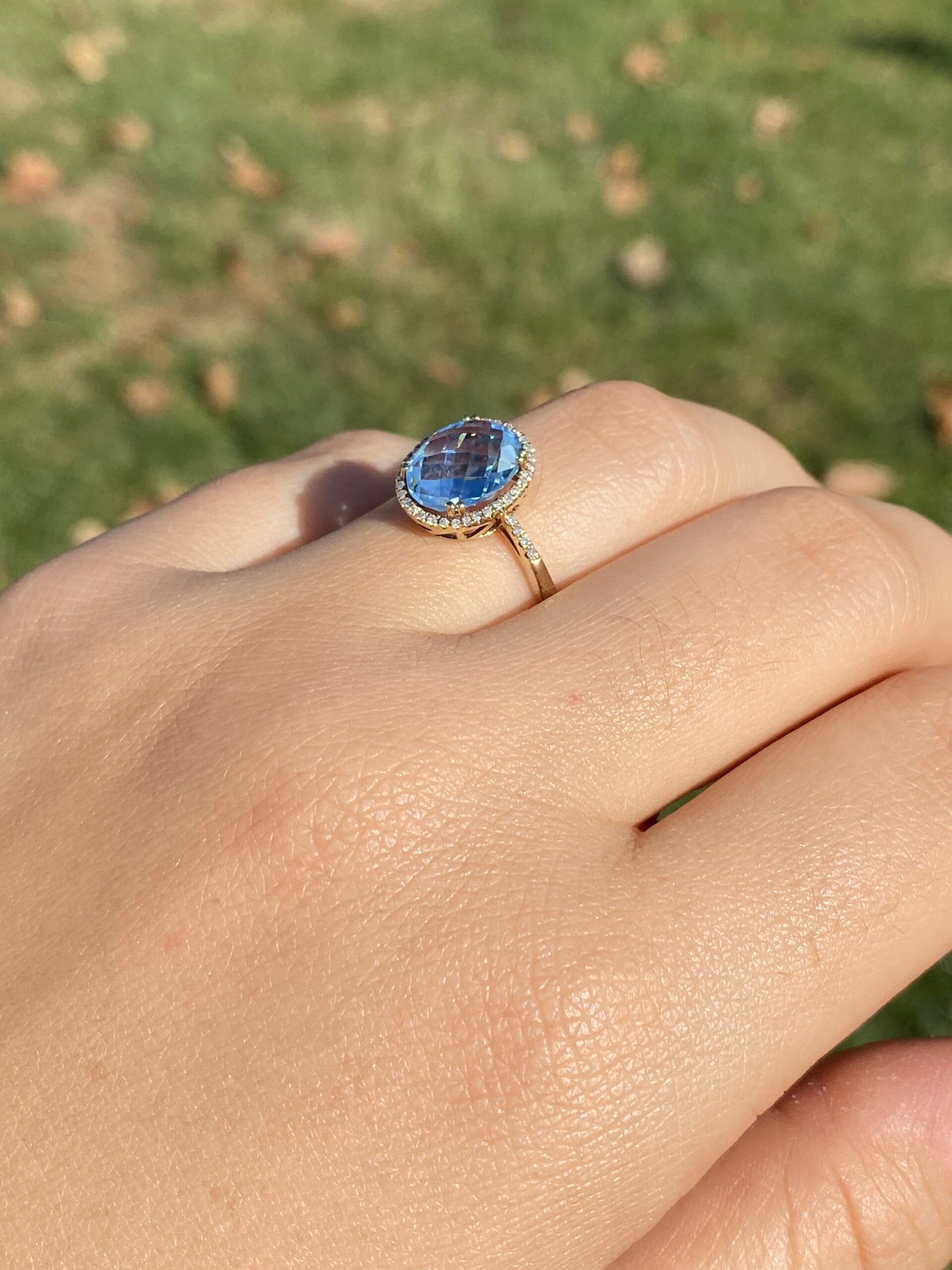 The 58th Avenue: Oval Checkerboard Cut Sky Blue Topaz and Diamond Halo Ring - Image 10