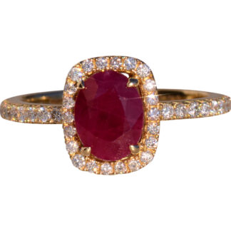 The 26th Avenue: Ruby and Cushion Shaped Diamond Halo Ring in Yellow Gold