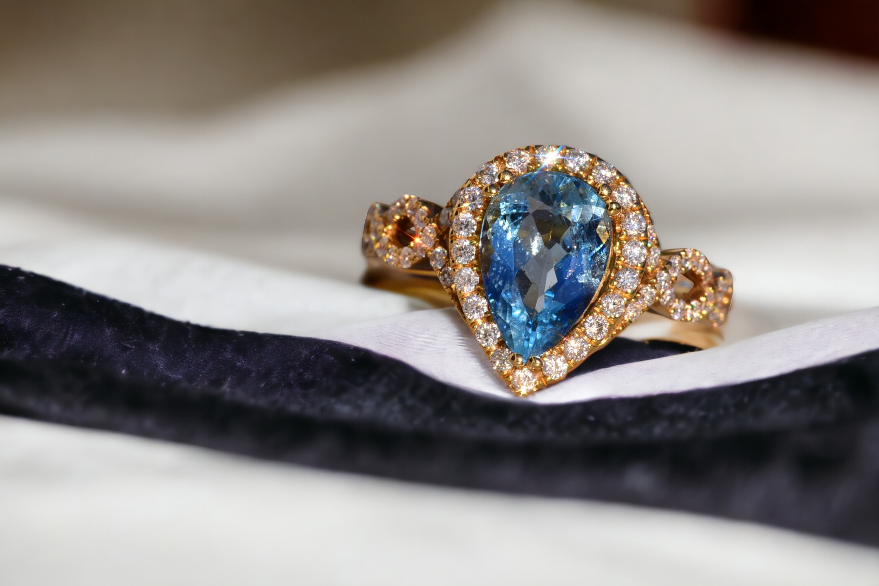 The 30th Avenue: Pear Shaped Aquamarine and Diamond Halo Ring in Yellow Gold - Image 11