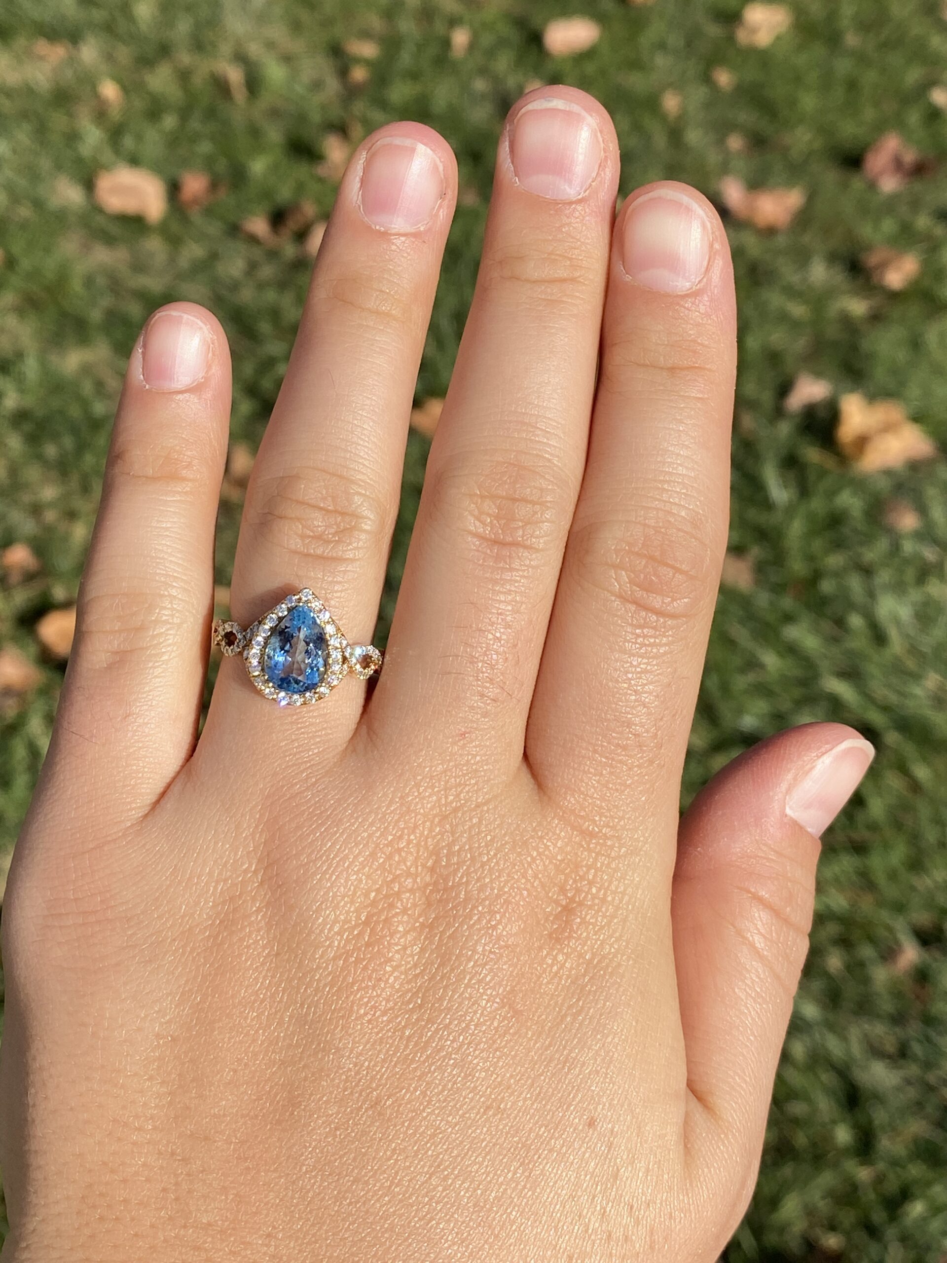 The 30th Avenue: Pear Shaped Aquamarine and Diamond Halo Ring in Yellow Gold - Image 8
