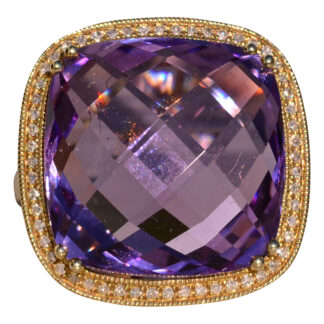 The 46th Avenue: Cushion Checkerboard Amethyst and Diamond Halo Ring in Yellow Gold