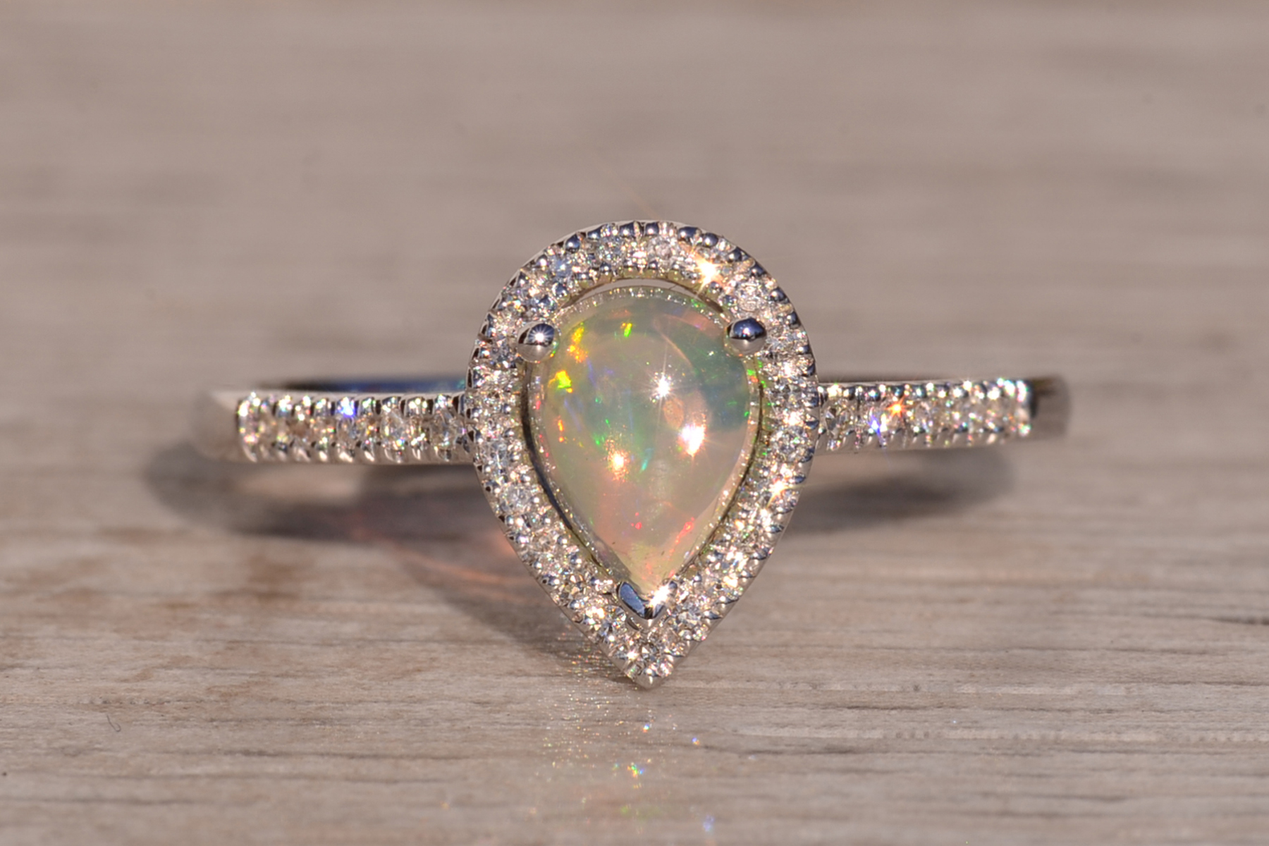 The 29th Avenue: Natural Opal and Diamond Halo Ring in White Gold - Image 2