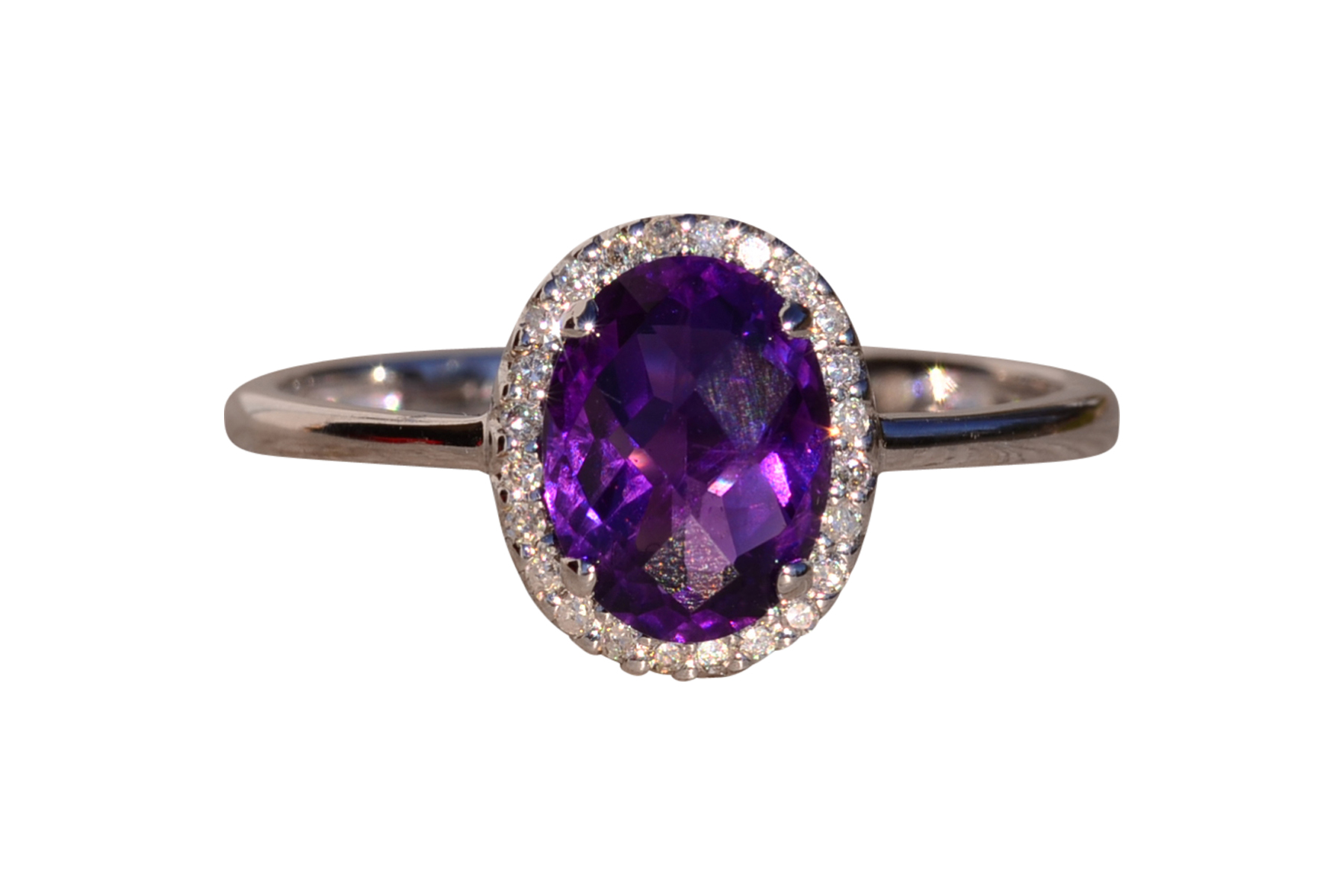 The 45th Avenue: Amethyst and Diamond Halo Ring in White Gold