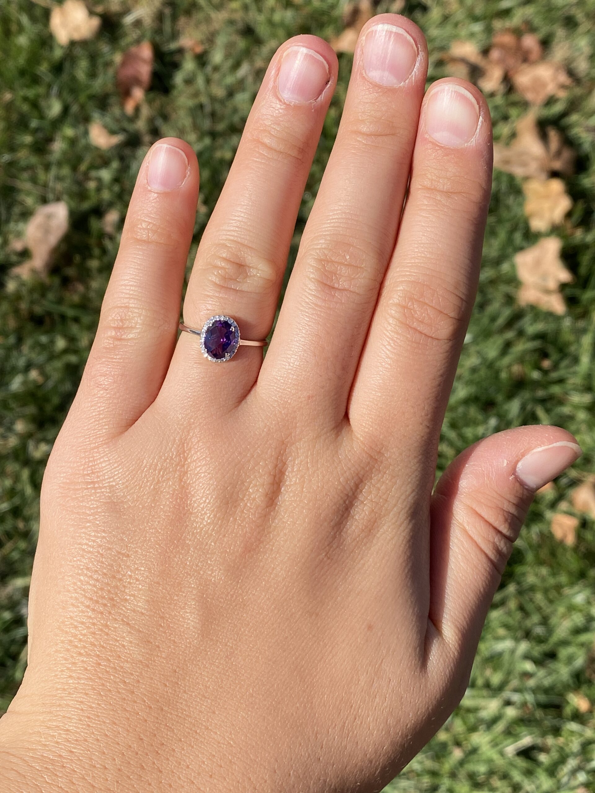 The 45th Avenue: Amethyst and Diamond Halo Ring in White Gold - Image 8