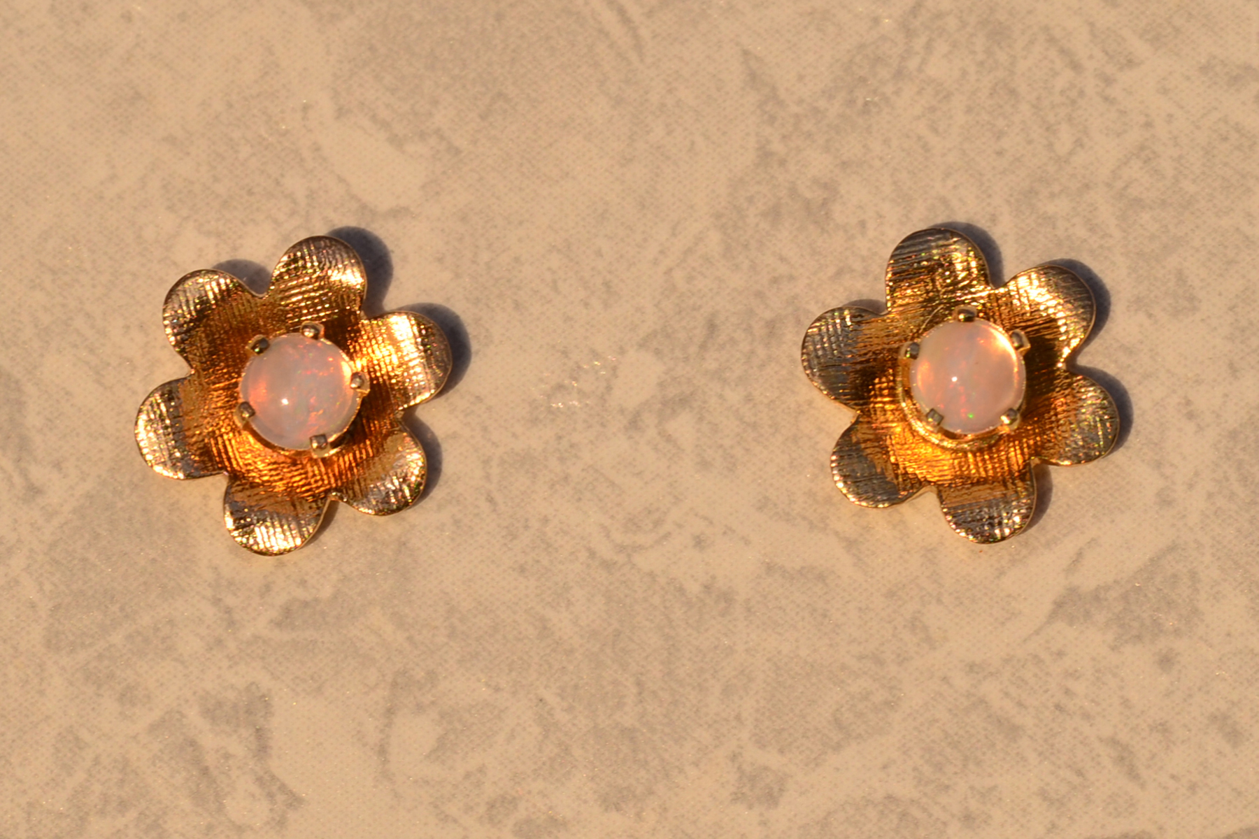 The 53rd Avenue: Australian Opal Flower Studs in Yellow Gold - Image 2