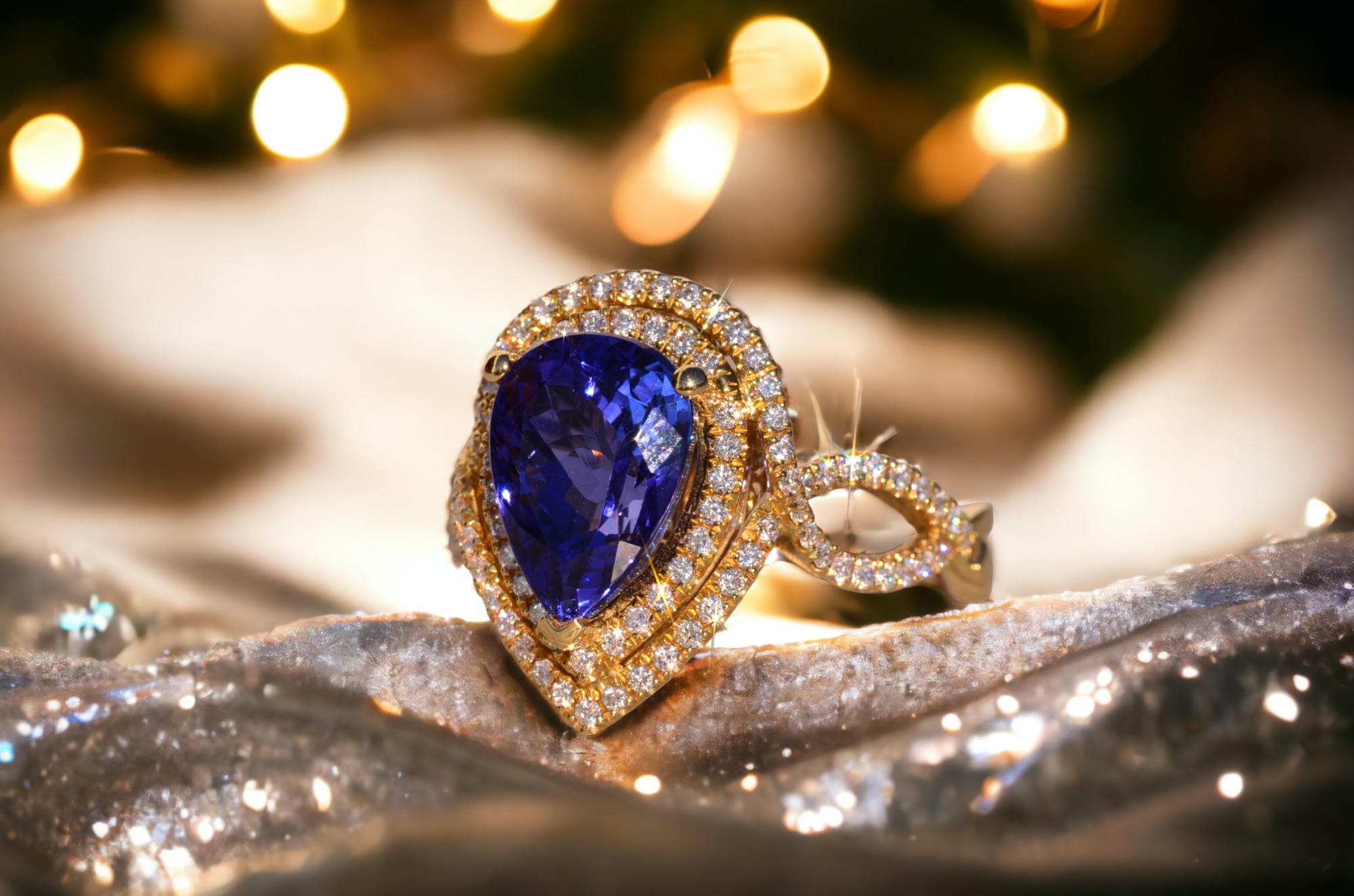 The 35th Avenue: Pear Shaped Tanzanite and Diamond Double Halo Ring - Image 11