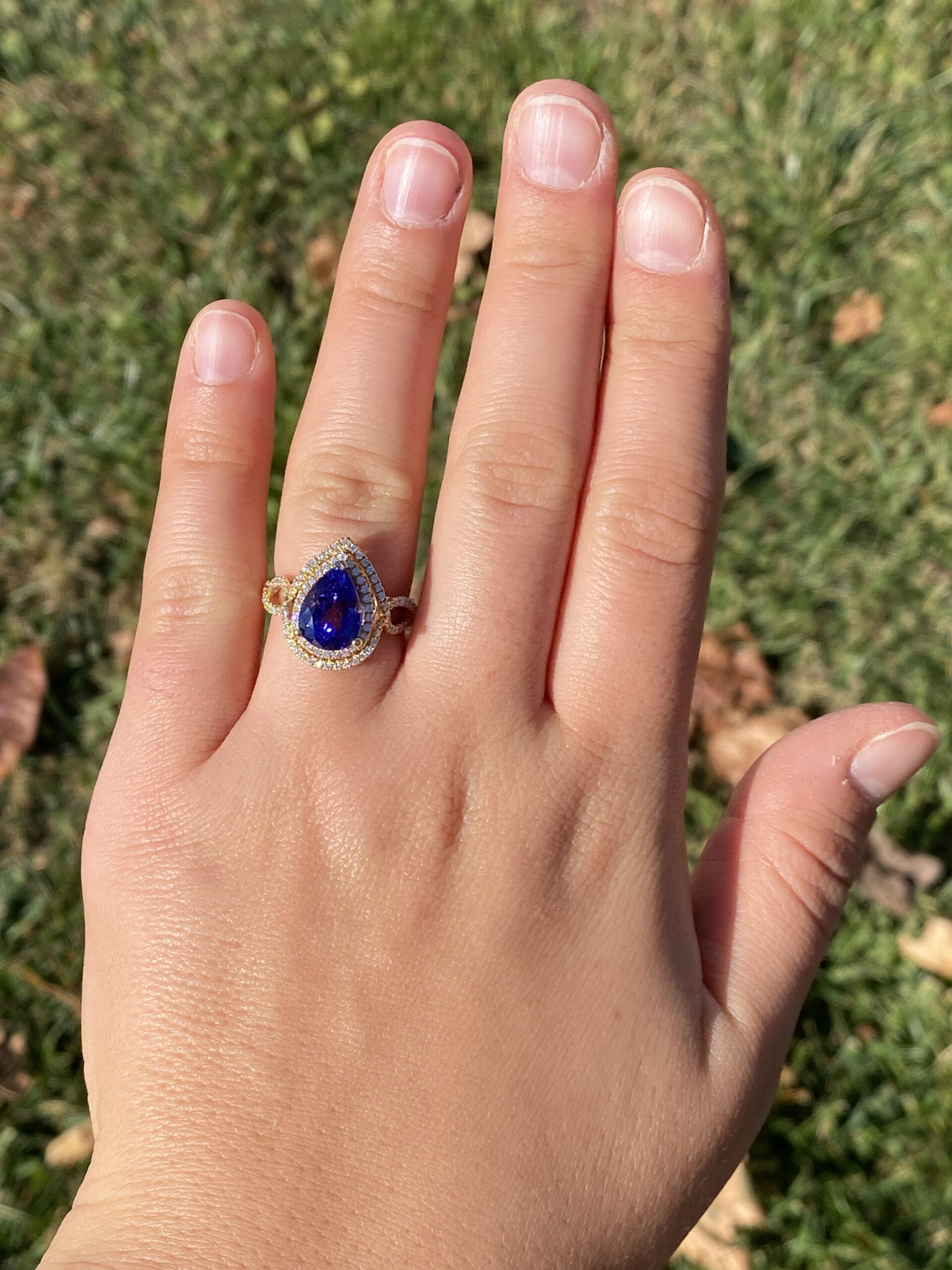 The 35th Avenue: Pear Shaped Tanzanite and Diamond Double Halo Ring - Image 8
