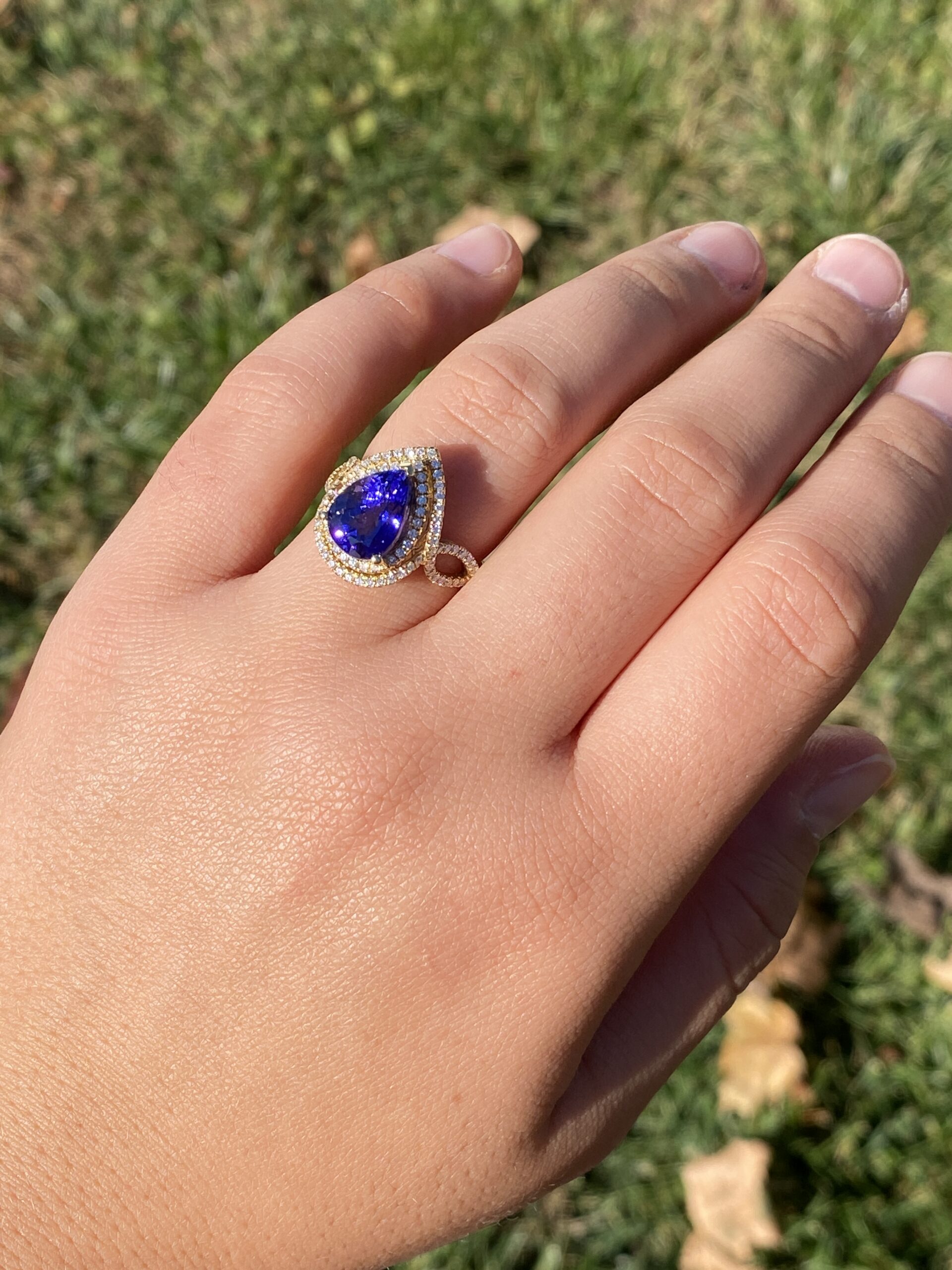 The 35th Avenue: Pear Shaped Tanzanite and Diamond Double Halo Ring - Image 9