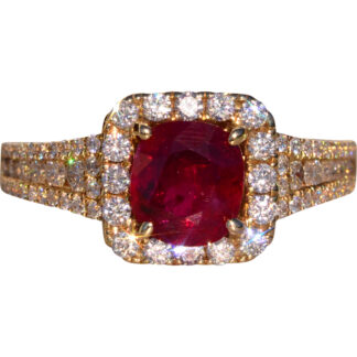 The 61st Avenue: Cushion Shaped Natural Burmese Ruby and Diamond Ring in Yellow Gold