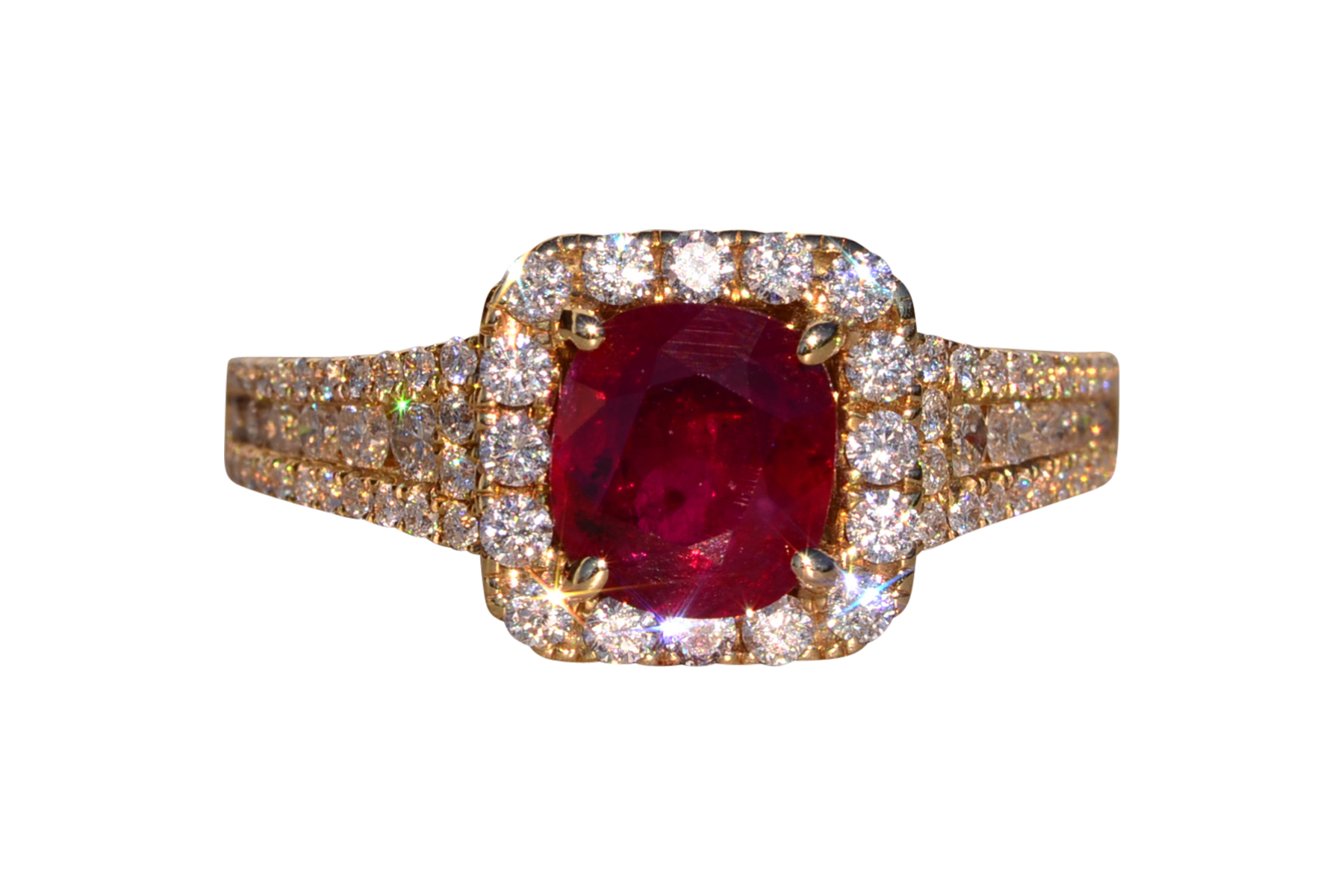 The 61st Avenue: Cushion Shaped Natural Burmese Ruby and Diamond Ring in Yellow Gold