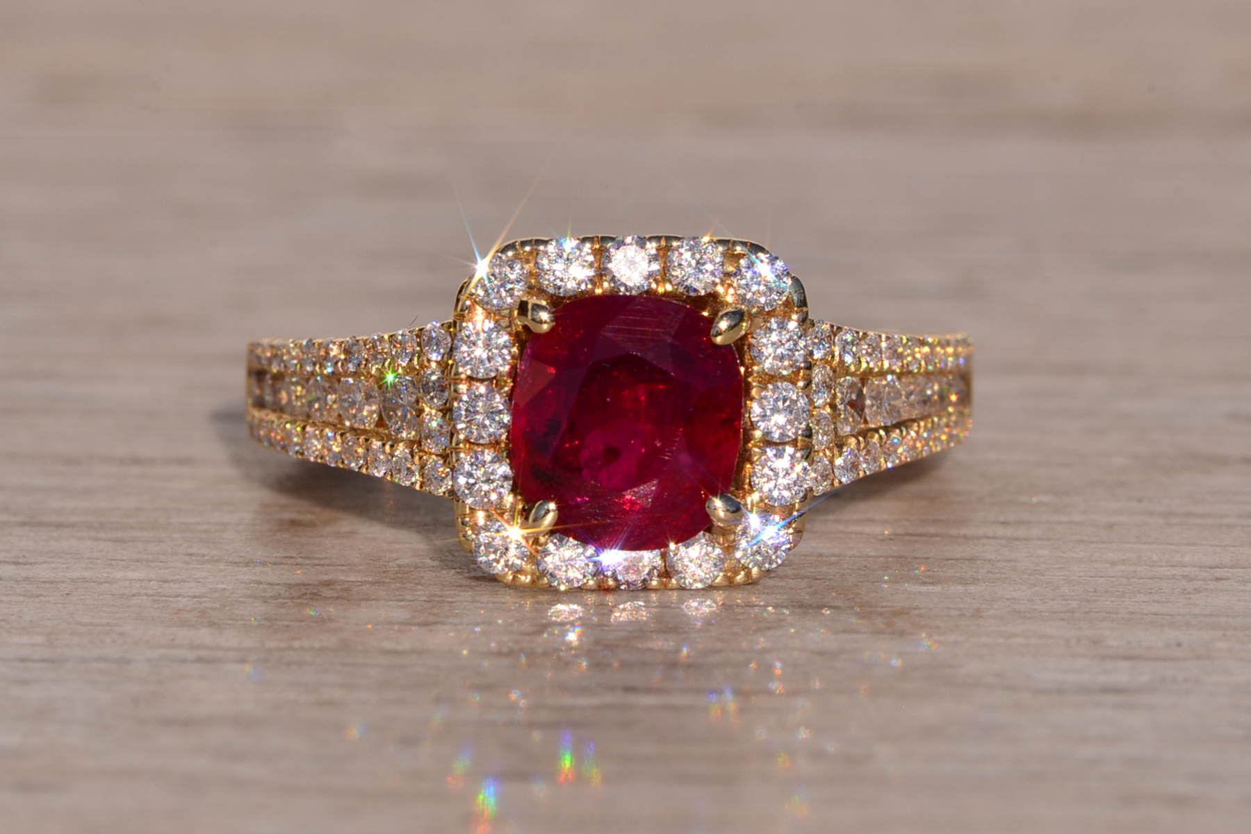 The 61st Avenue: Cushion Shaped Natural Burmese Ruby and Diamond Ring in Yellow Gold - Image 2