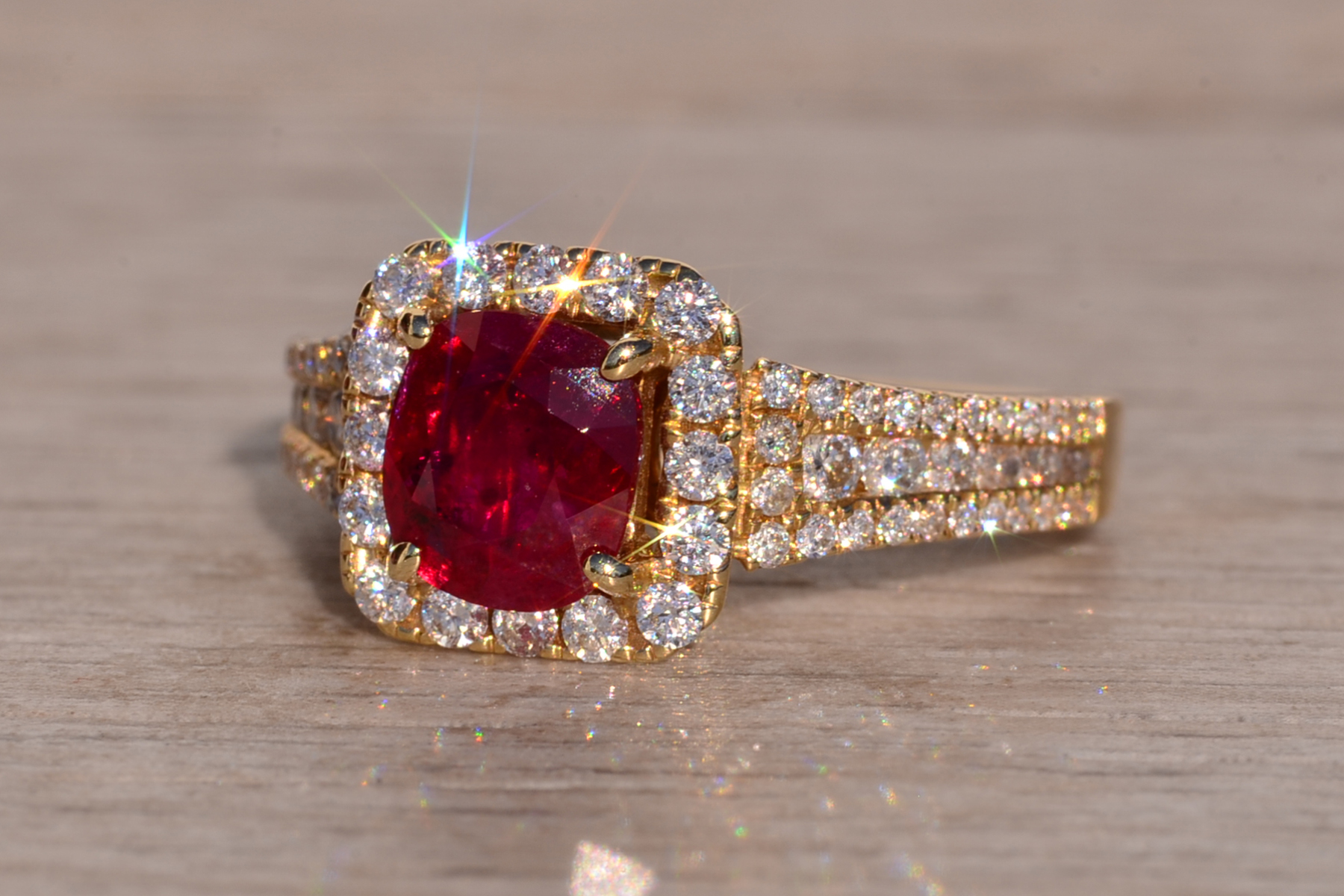 The 61st Avenue: Cushion Shaped Natural Burmese Ruby and Diamond Ring in Yellow Gold - Image 3