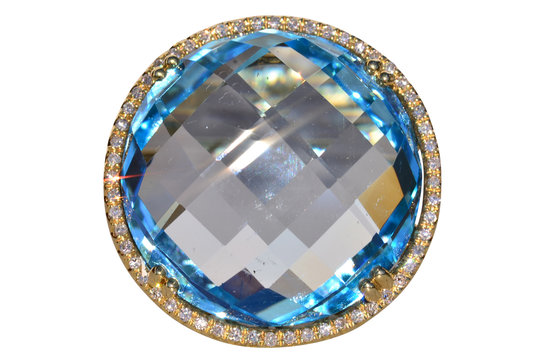 The 11th Avenue: Checkerboard Cut Blue Topaz and Diamond Halo Cocktail Ring