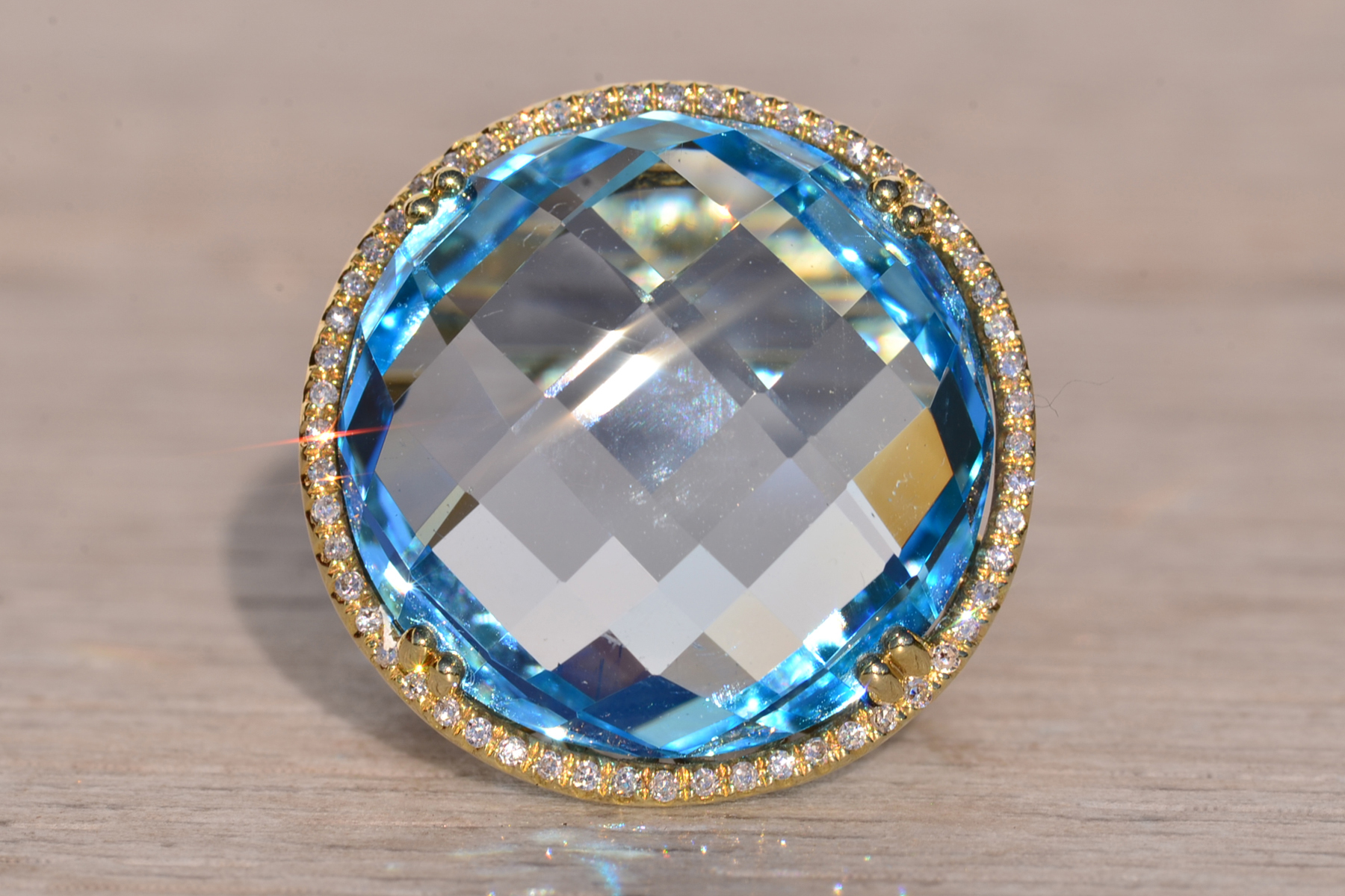 The 11th Avenue: Checkerboard Cut Blue Topaz and Diamond Halo Cocktail Ring - Image 2