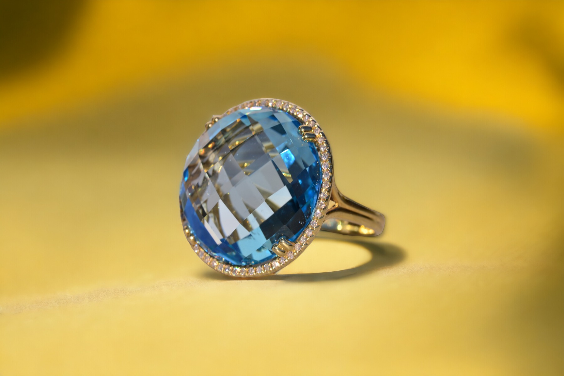 The 11th Avenue: Checkerboard Cut Blue Topaz and Diamond Halo Cocktail Ring - Image 8