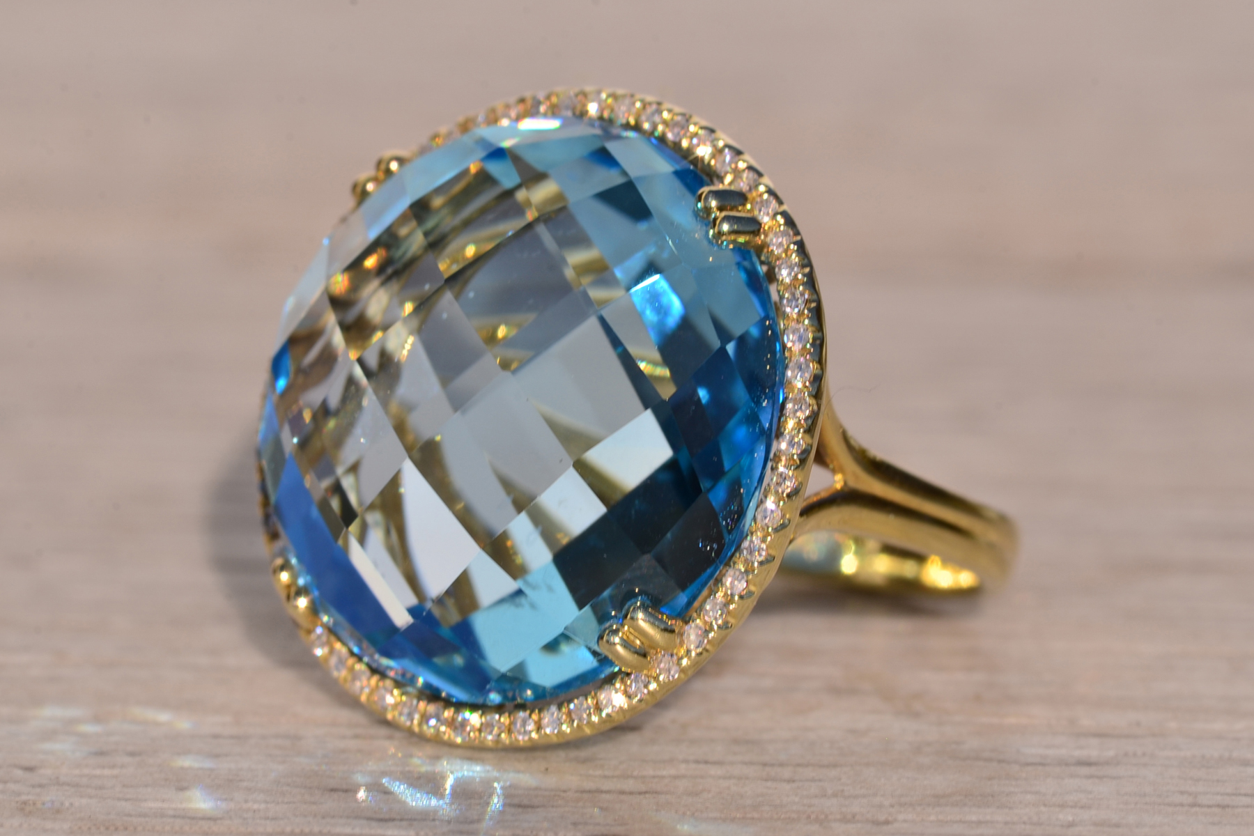 The 11th Avenue: Checkerboard Cut Blue Topaz and Diamond Halo Cocktail Ring - Image 3