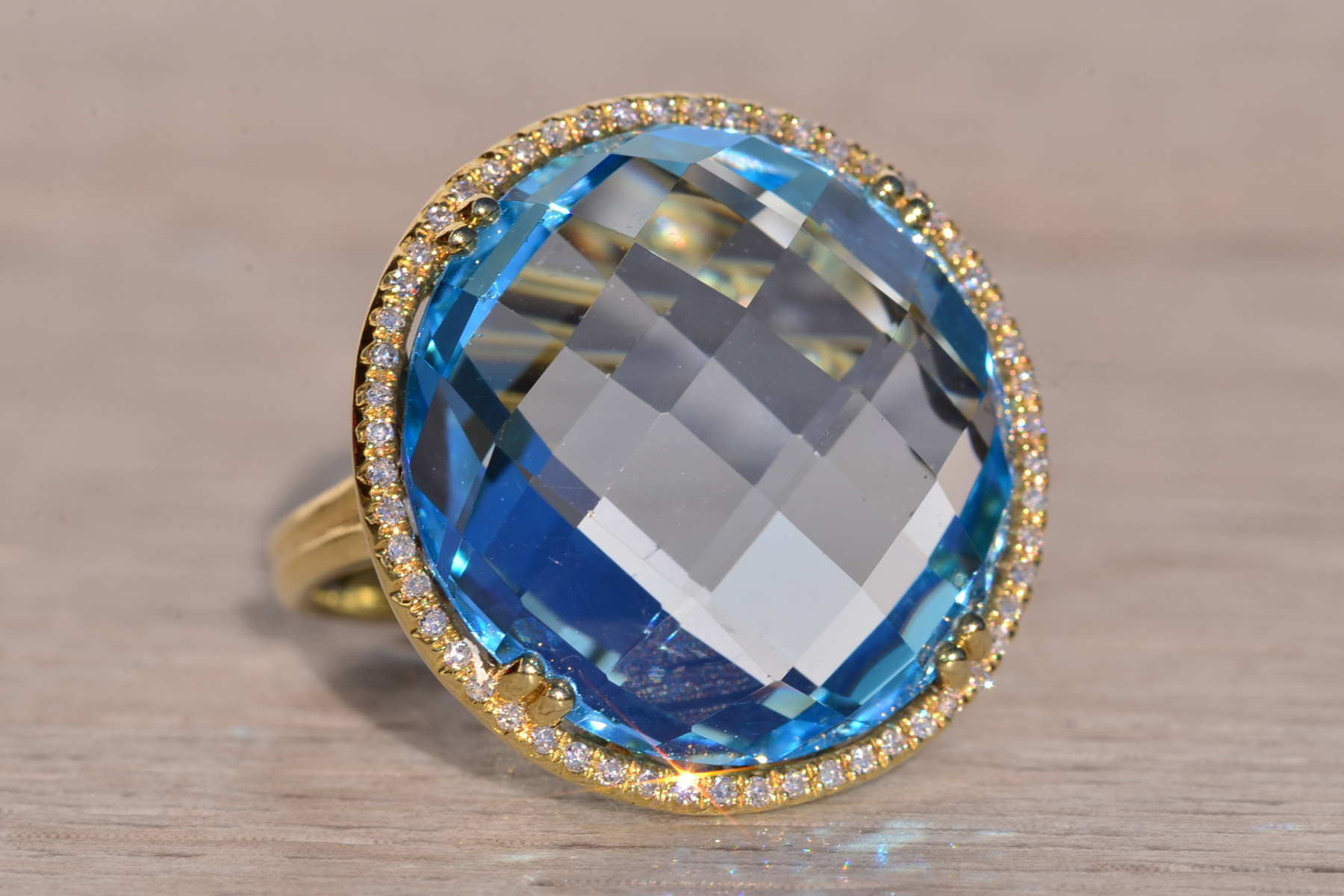 The 11th Avenue: Checkerboard Cut Blue Topaz and Diamond Halo Cocktail Ring - Image 6