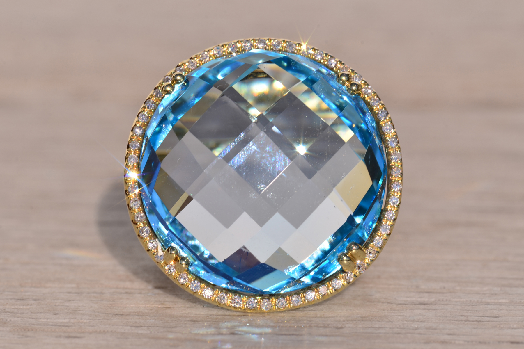 The 11th Avenue: Checkerboard Cut Blue Topaz and Diamond Halo Cocktail Ring - Image 7