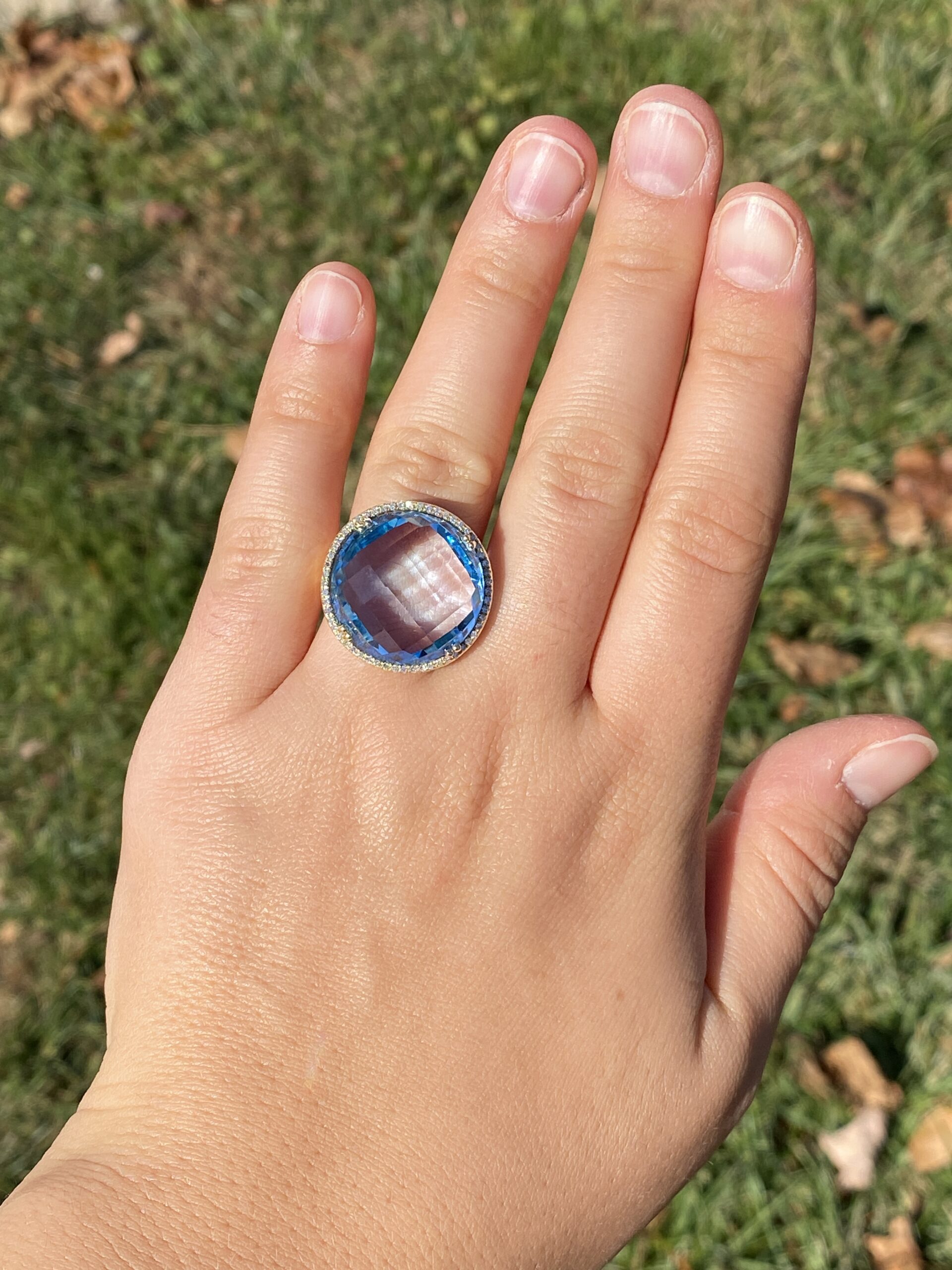 The 11th Avenue: Checkerboard Cut Blue Topaz and Diamond Halo Cocktail Ring - Image 9