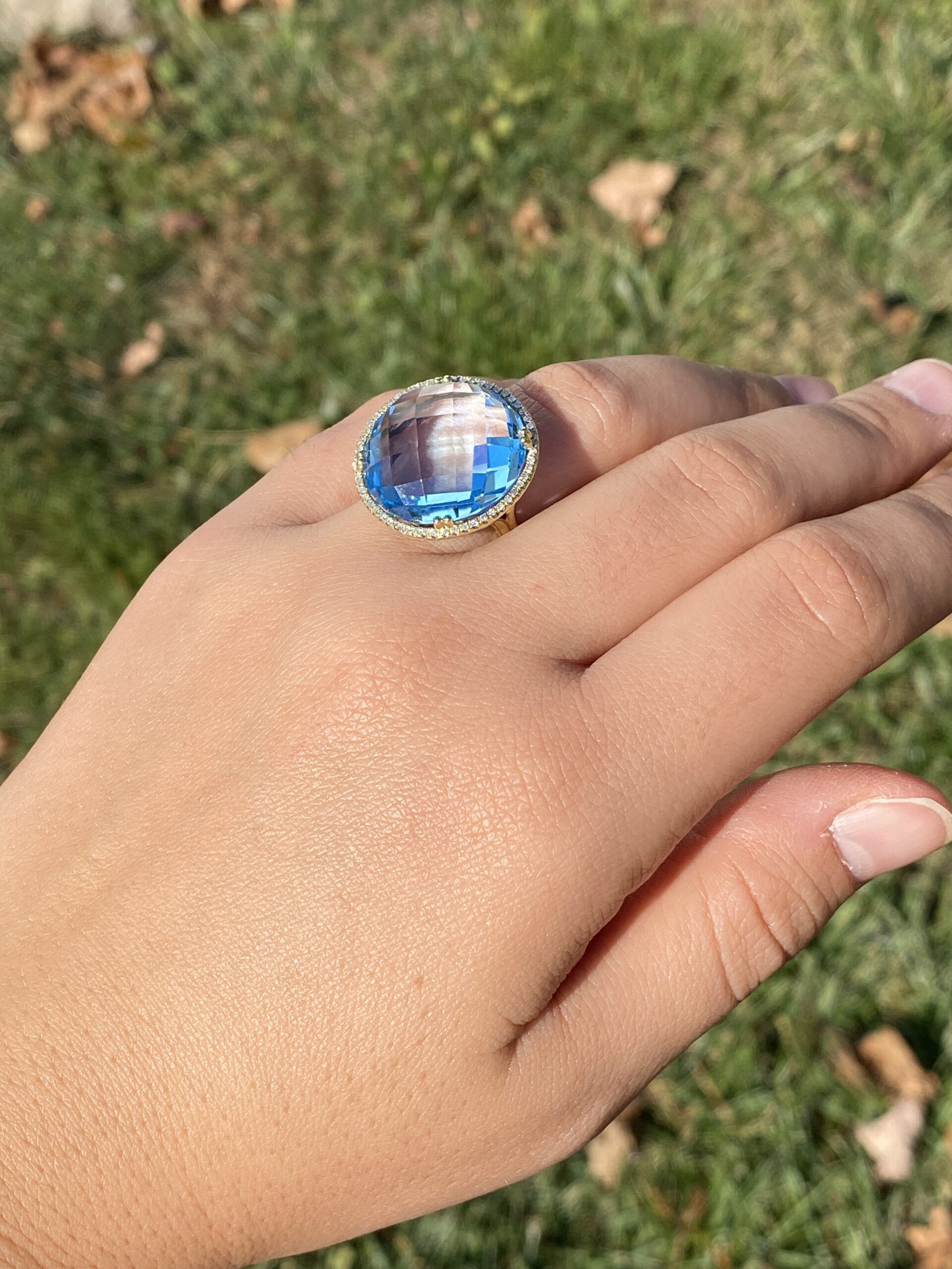 The 11th Avenue: Checkerboard Cut Blue Topaz and Diamond Halo Cocktail Ring - Image 10
